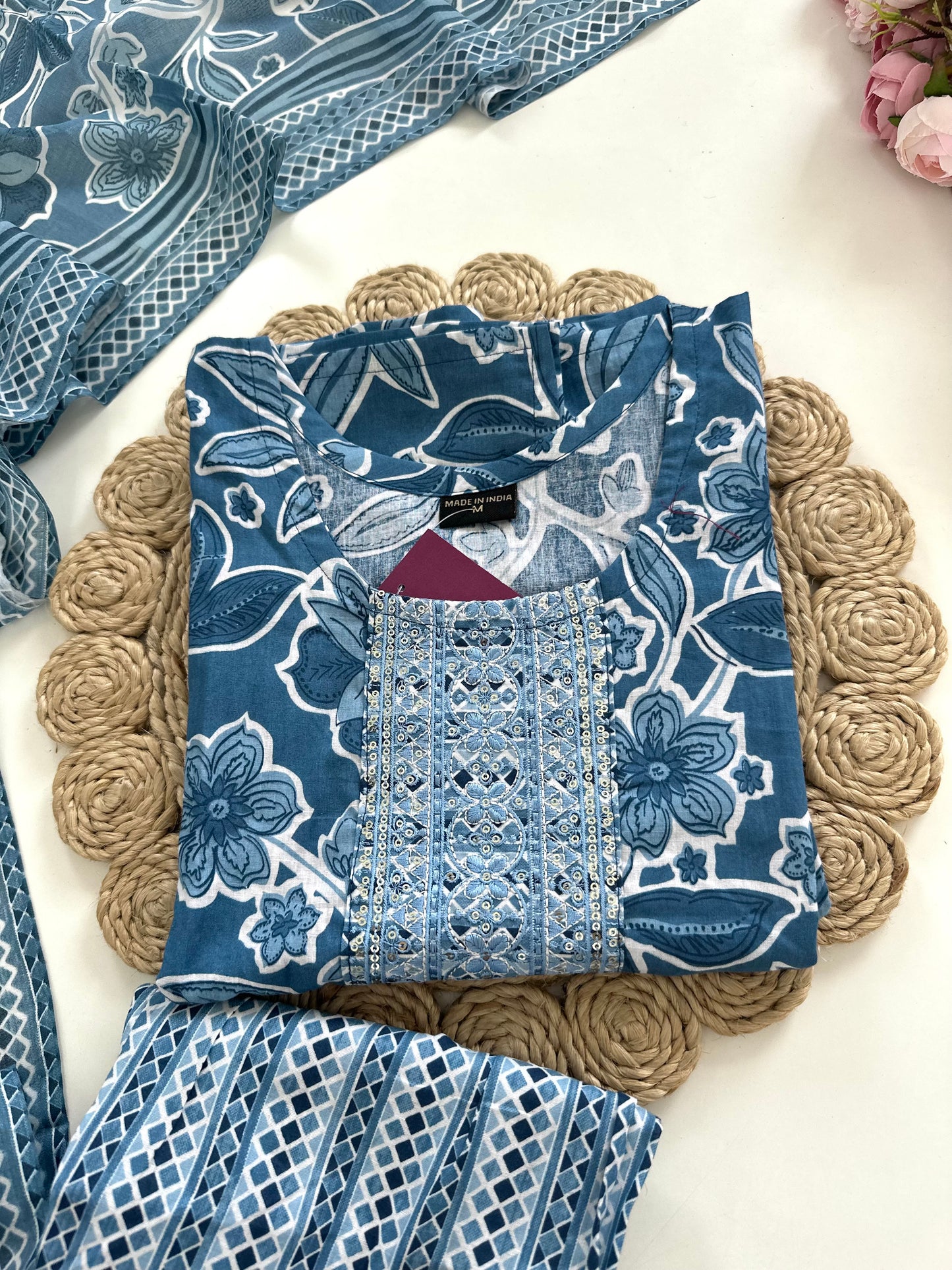K340 - Cotton floral straight Kurti with pants and dupatta
