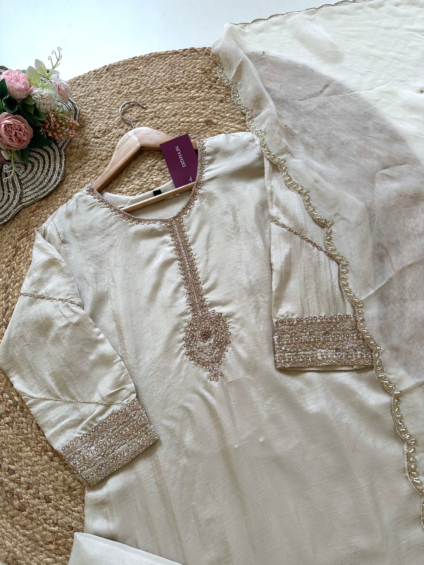 K224 - Russian silk Zardosi work straight kurti with palazzo and dupatta .