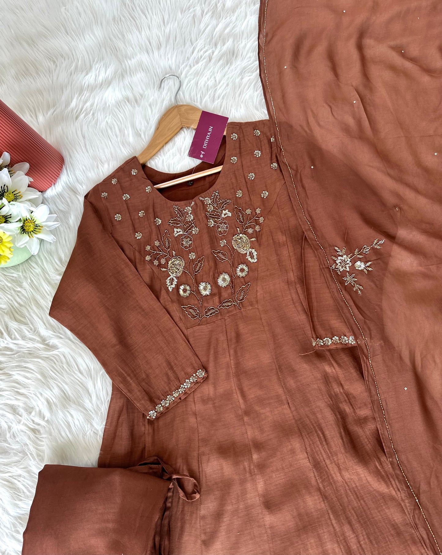 K223 - Mul Chanderi hand work Aline Kurti with pants and dupatta