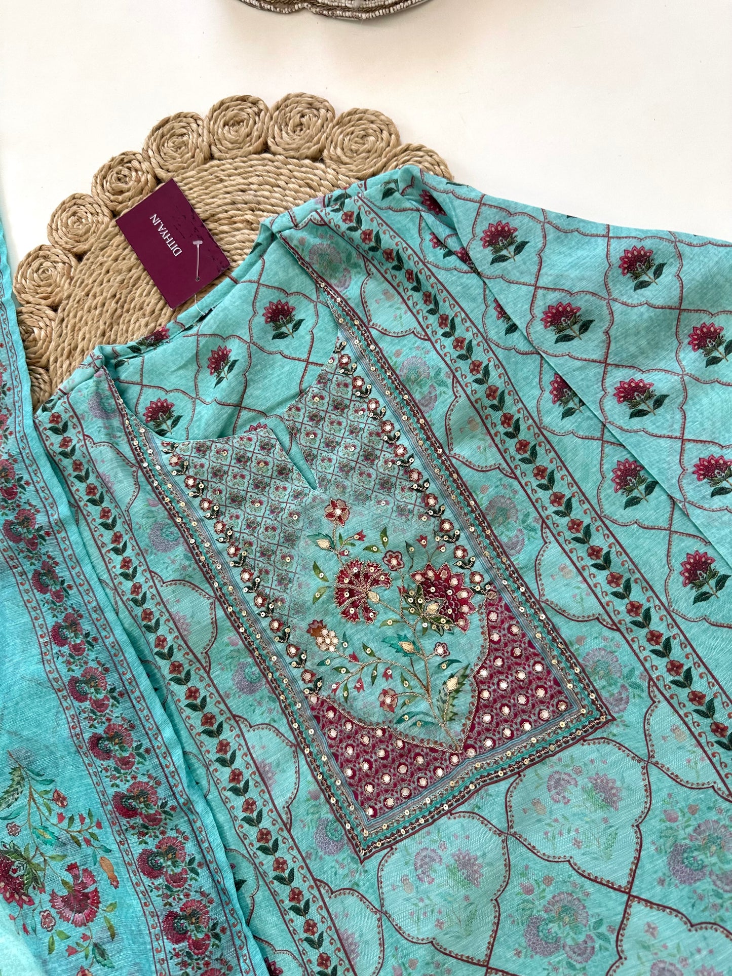 K027 - Soft chanderi handwork straight Kurti with pants and dupatta in 2 colours
