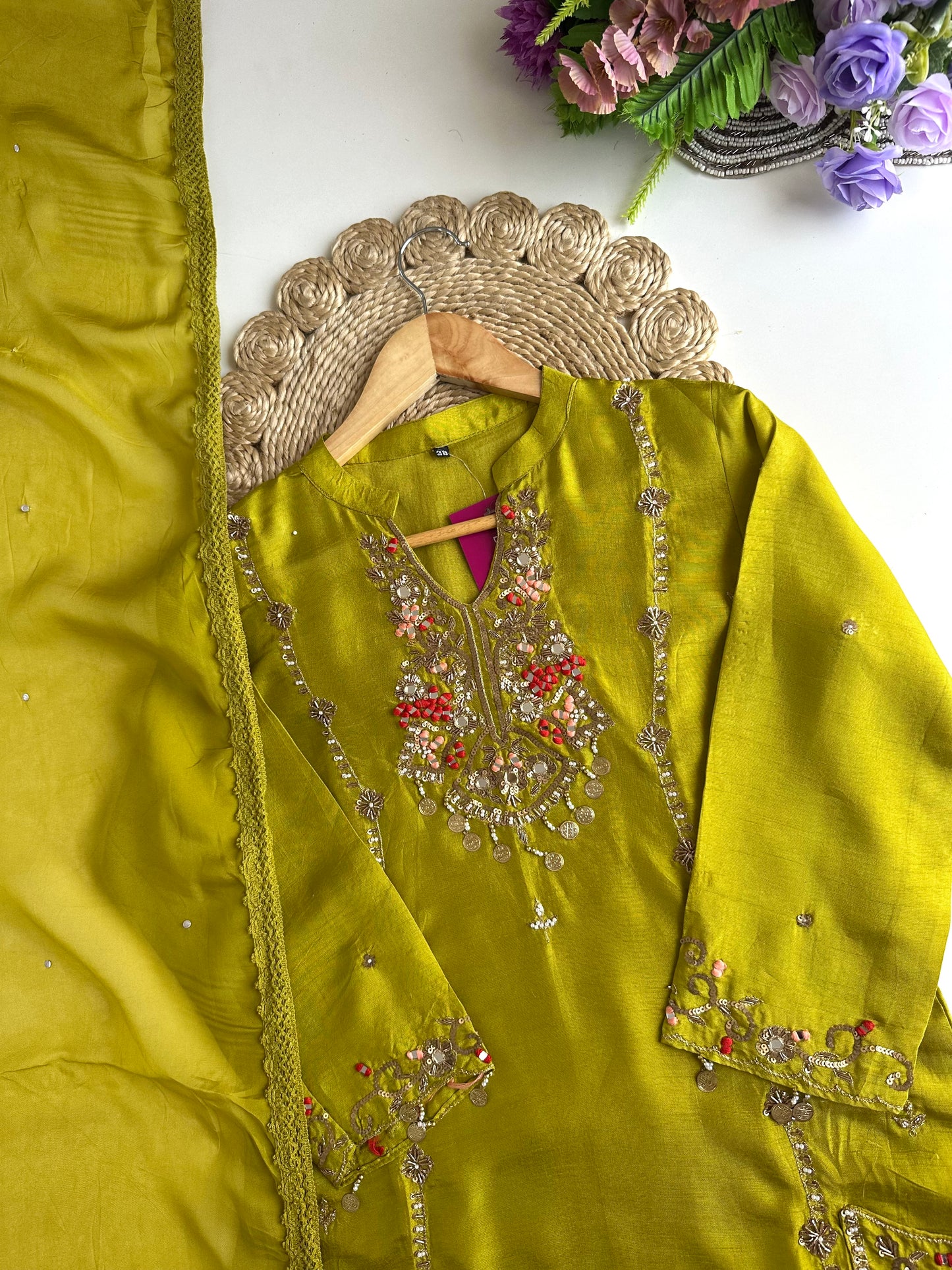 K146 - Russian silk handwork straight Kurti with pants and dupatta