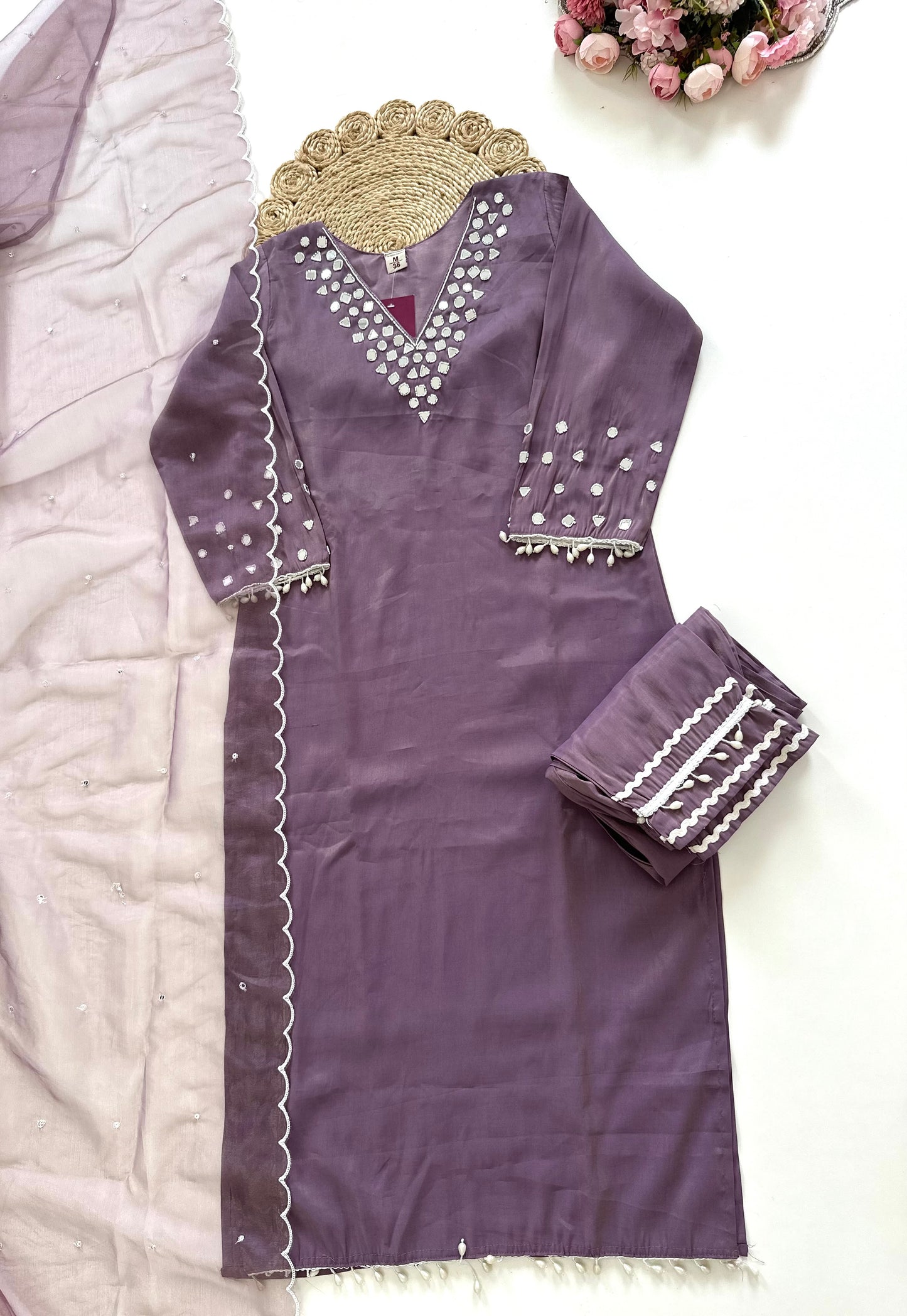 K209 - Shimmer silk mirror work straight Kurti with pants and dupatta in 3 colours