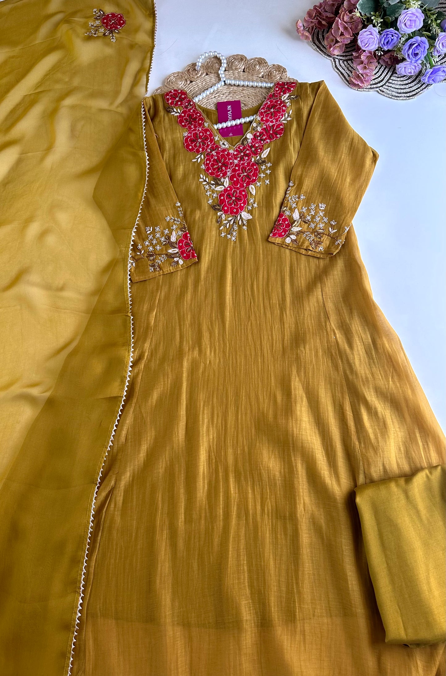 K167 - Pure mul Chanderi handwork Aline Kurti with pants and dupatta
