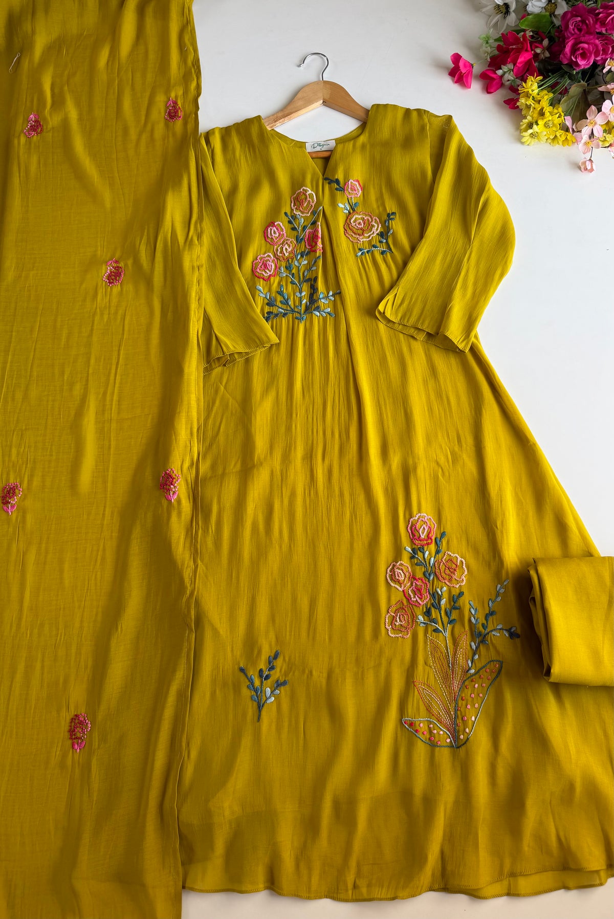 K297 - Surat Mul chanderi embroidered Aline Kurti with pants and dupatta