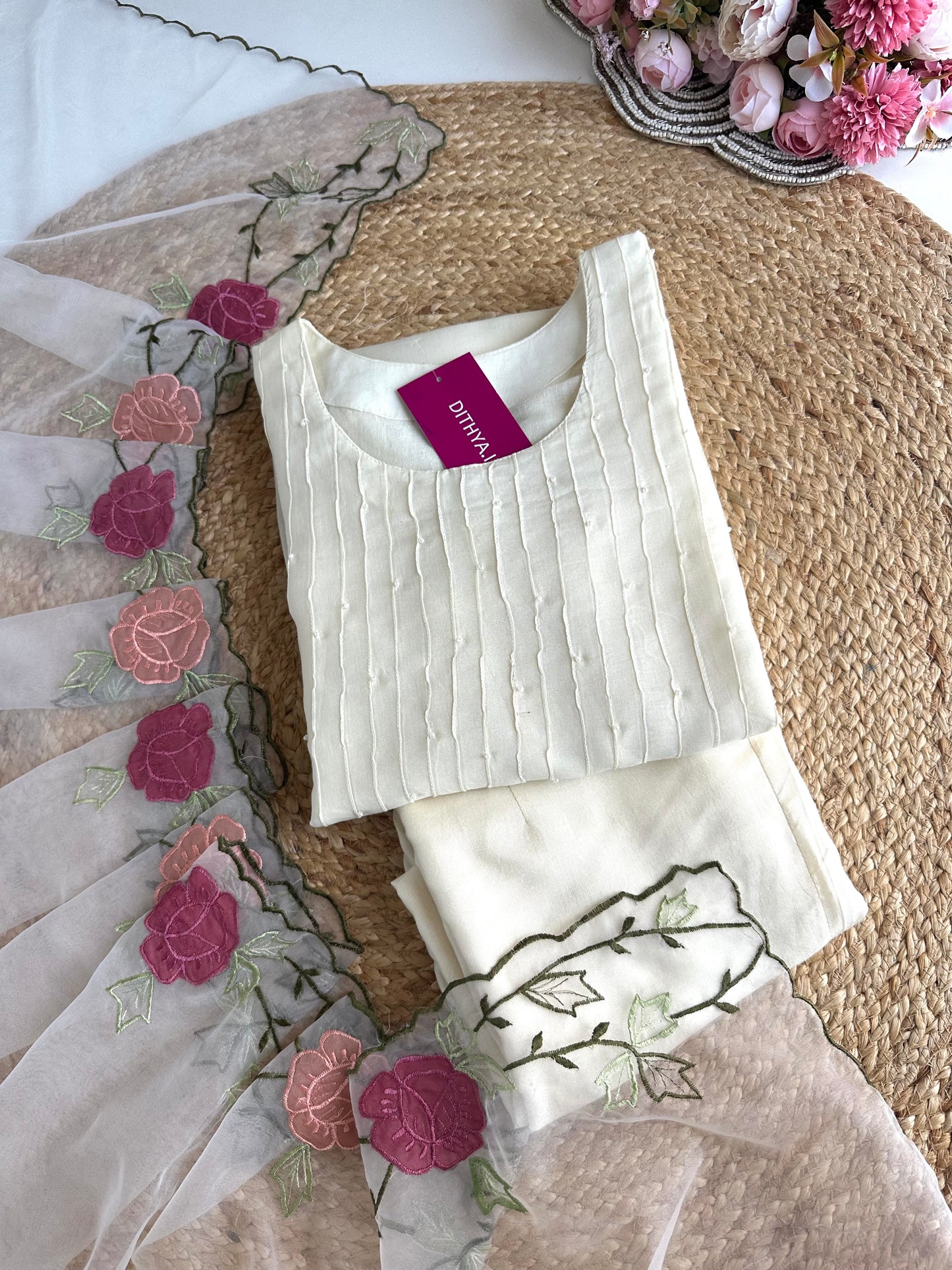 K291 - Mul Chanderi appliqué work Aline Kurti with pants and dupatta