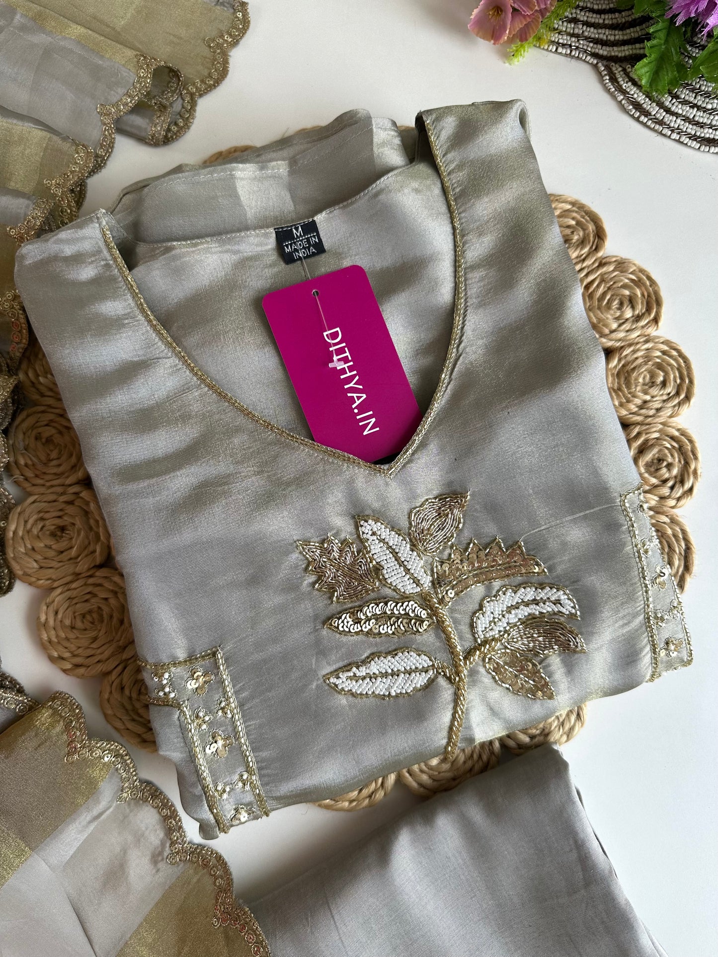 K135 - Tissue silk handwork Anarkali with pants and dupatta