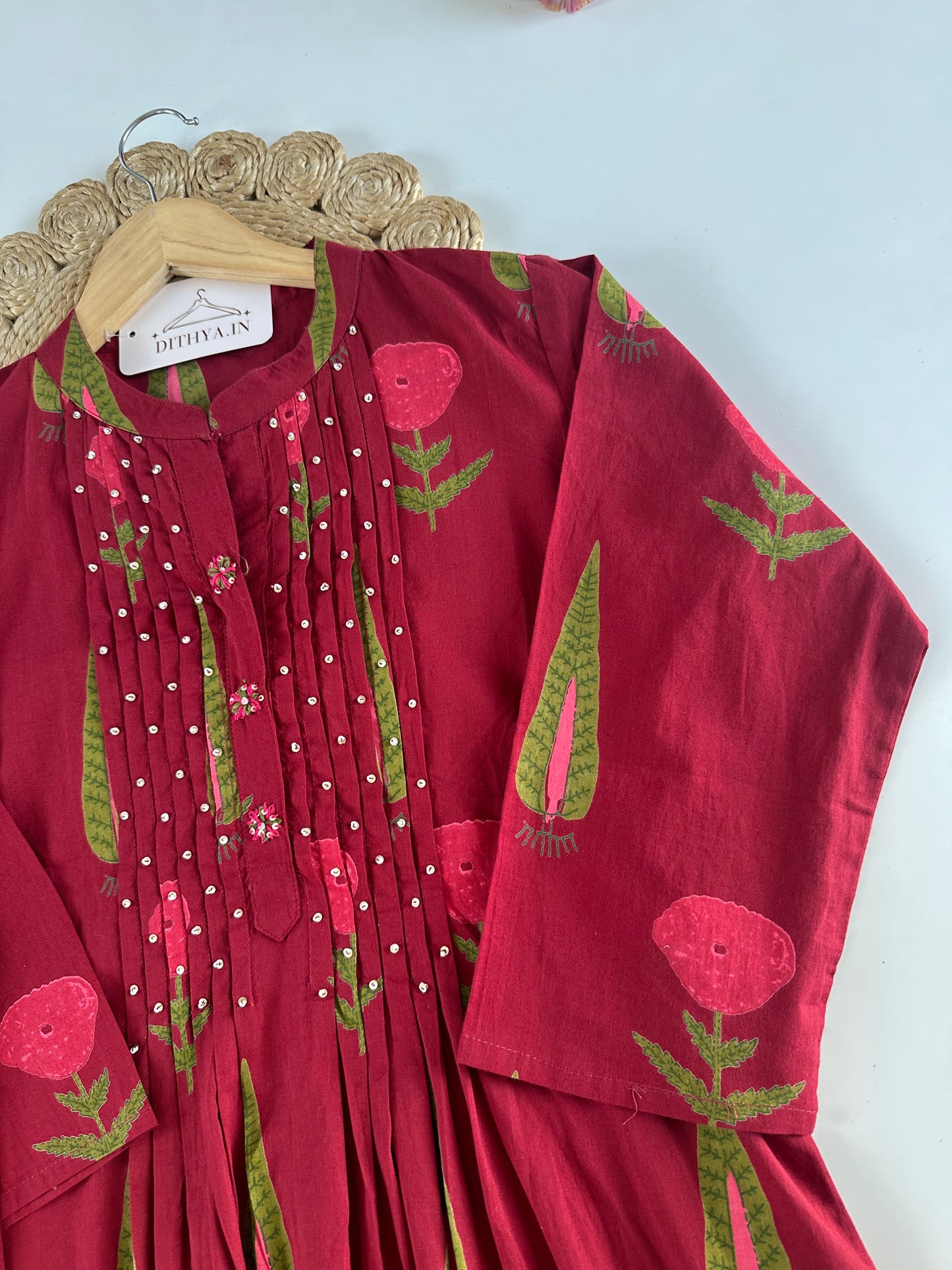 K693 - Mul cotton embroidered Aline Kurti with pants and dupatta