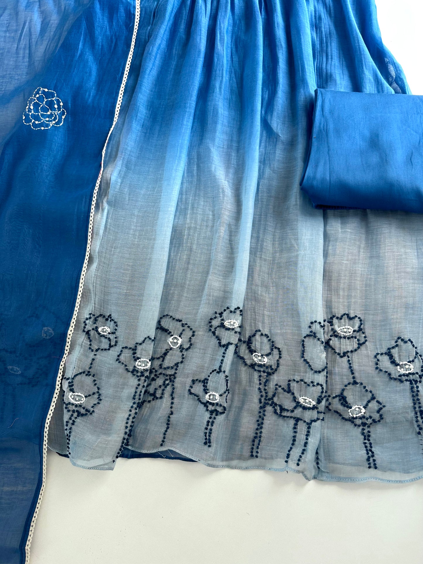 K226 - Mul Chanderi embroidered Aline Kurti with pants and dupatta