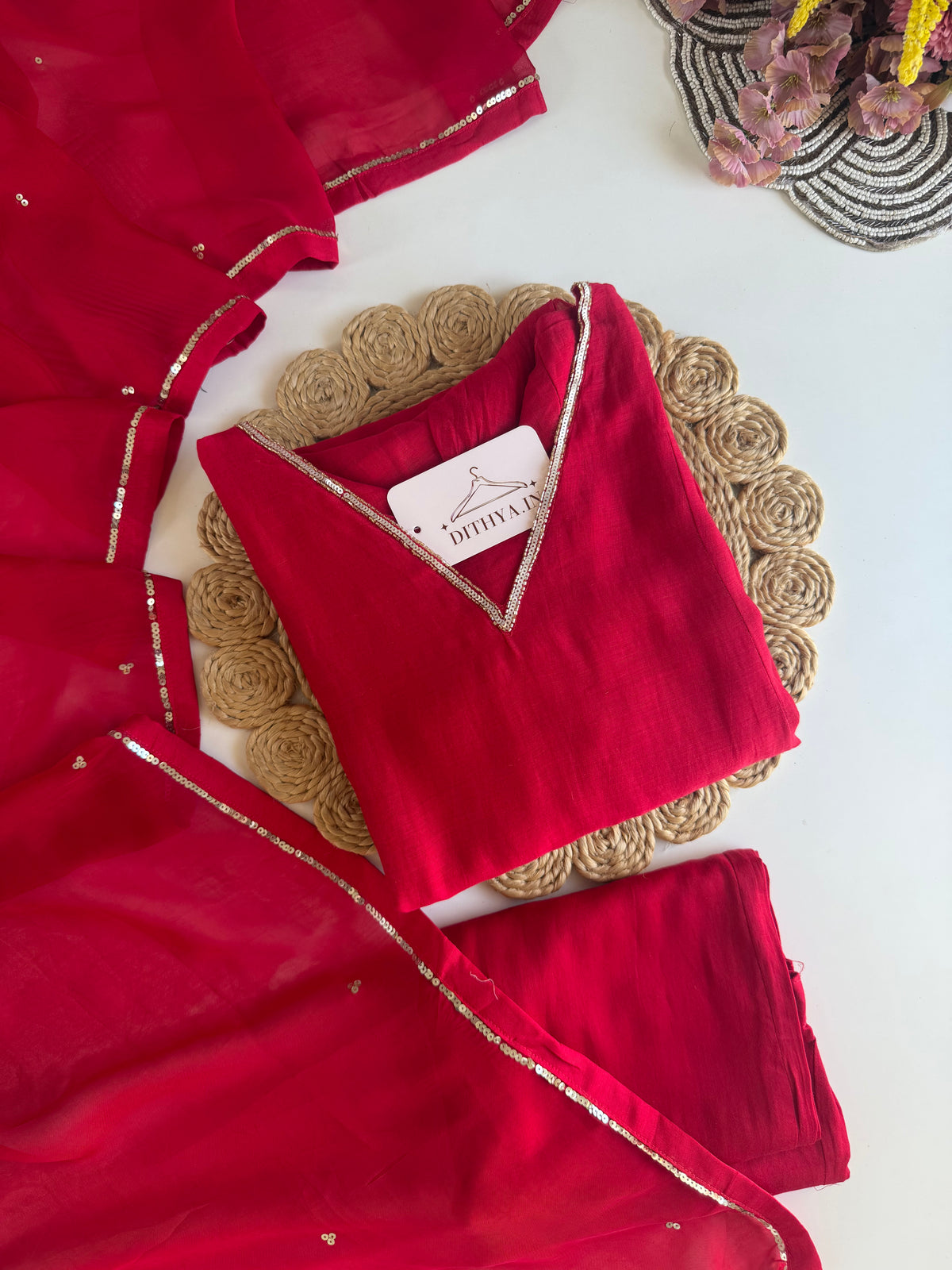 K457 - Mul chanderi handwork aline Kurti with pants and dupatta