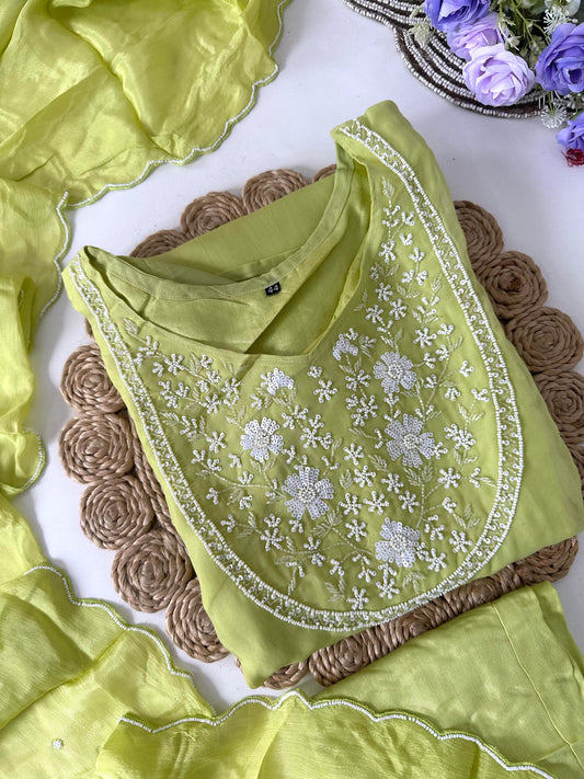 D052 - Chinnon silk straight kurti with pants and dupatta