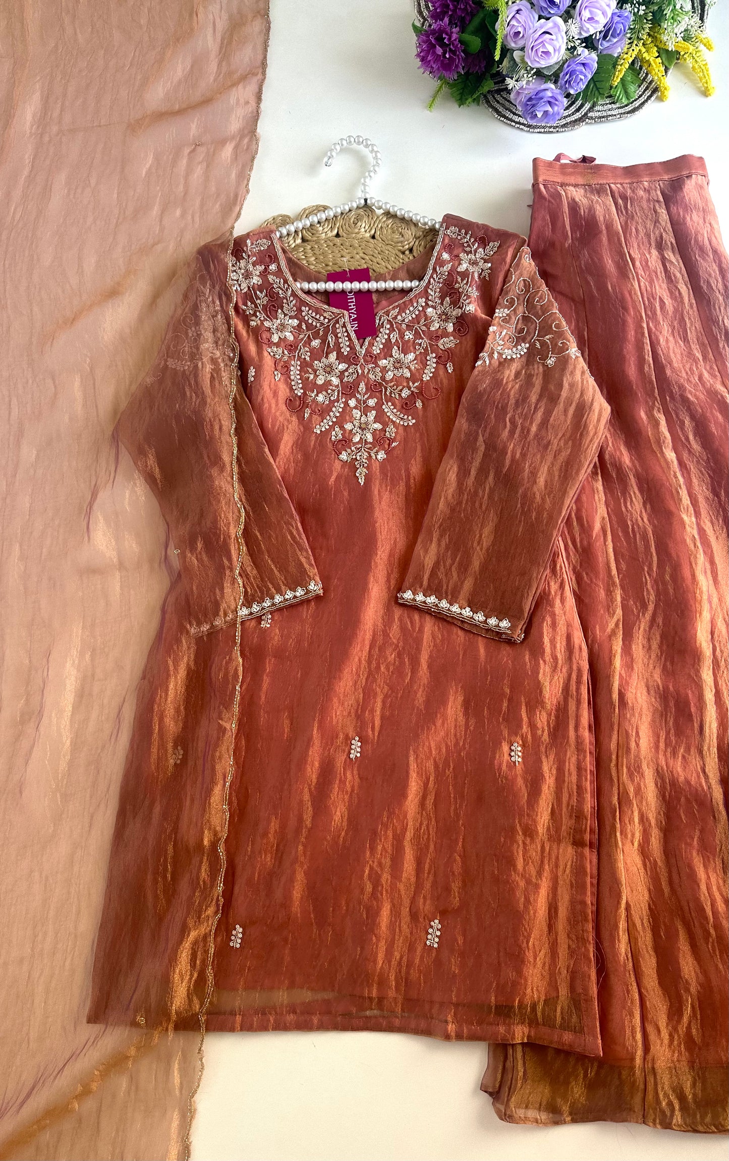 K180 - Tissue silk handwork short Kurti with palazzo and dupatta