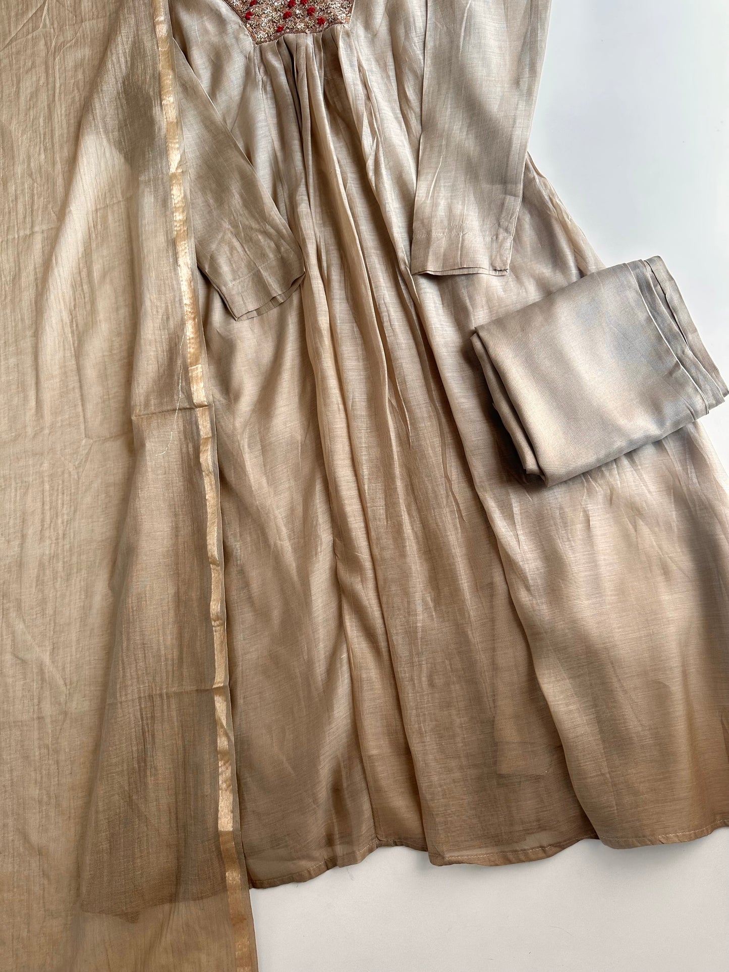 K347 - Mul Chanderi handwork Anarkali with pants and dupatta