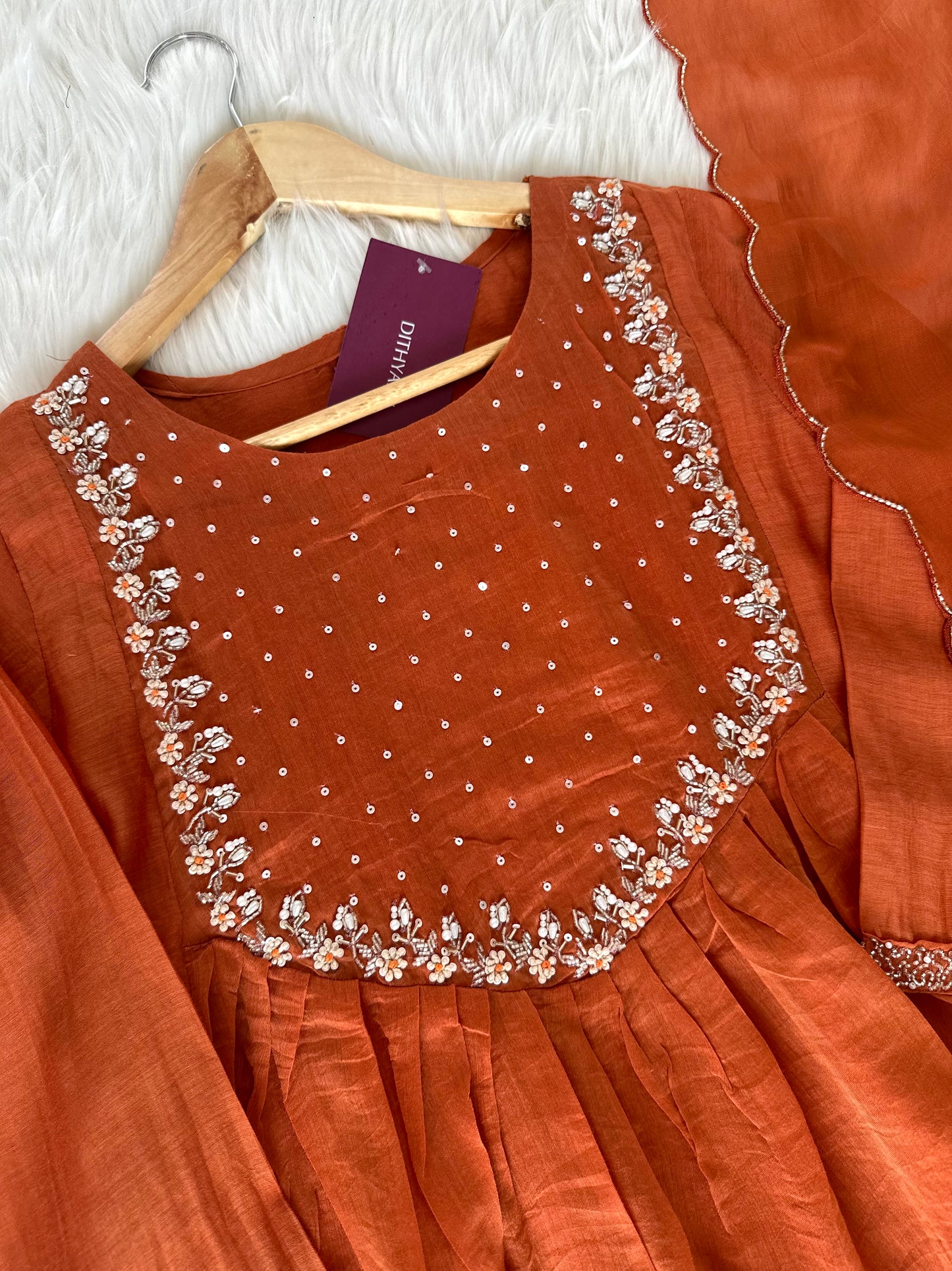 K087 - Mul Chanderi handwork Aline Kurti with pants and dupatta in 3 colours