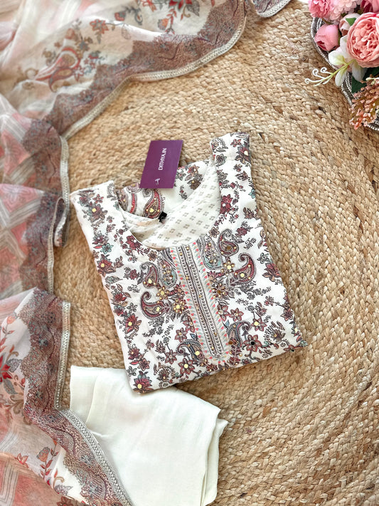 K372 - Viscose organza printed straight kurti with pants and dupatta