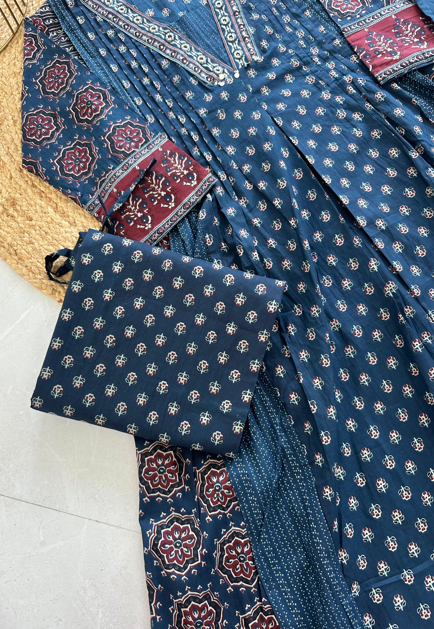 K082 - Cotton Aline Kurti Indigo print with palazzo and dupatta.