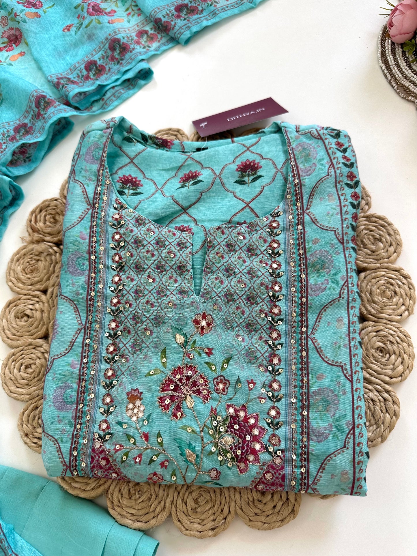 K027 - Soft chanderi handwork straight Kurti with  pants and dupatta in 2 colours