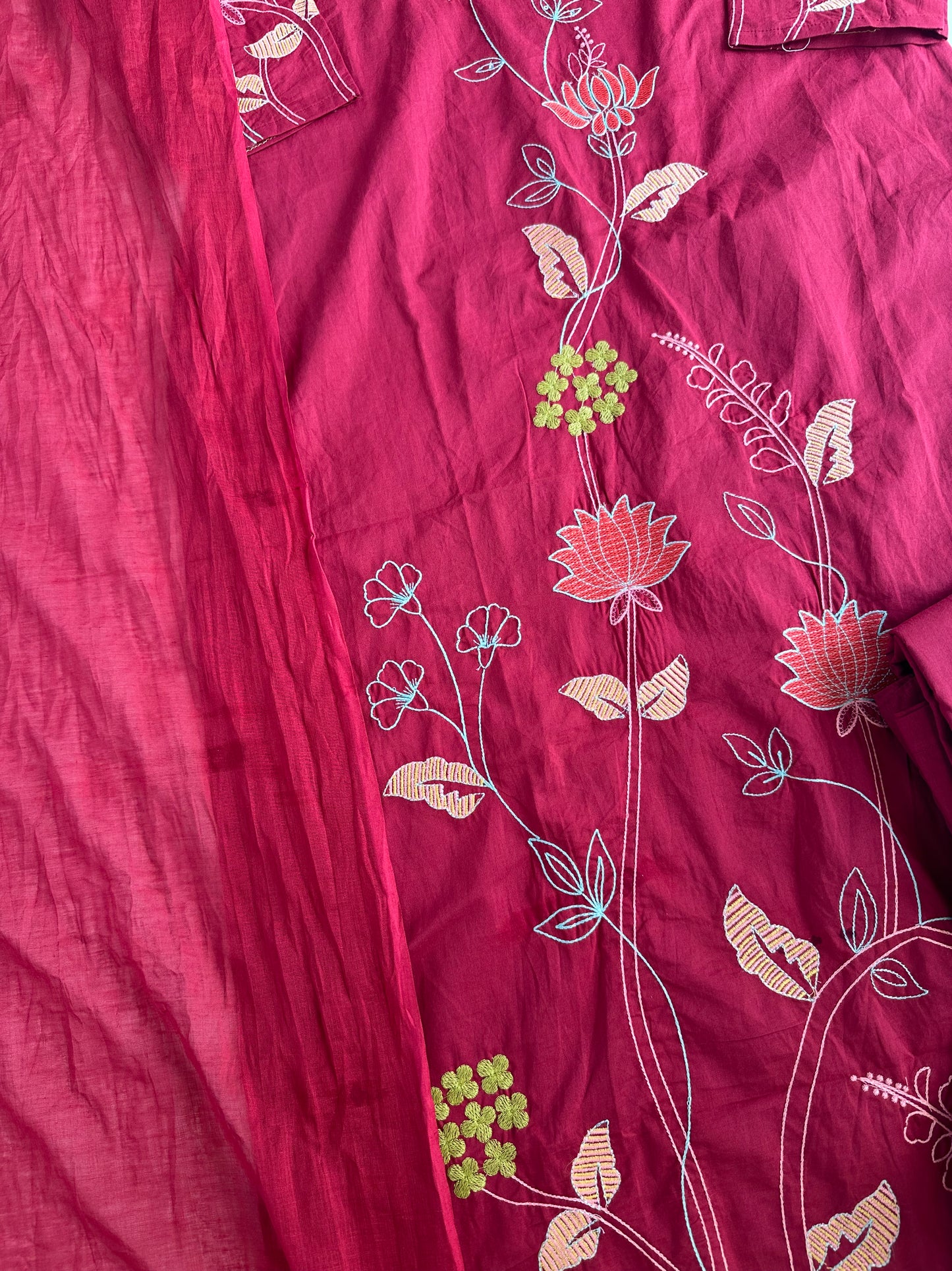 K592 - Cotton embroidered straight Kurti with pants and dupatta in 2 colours