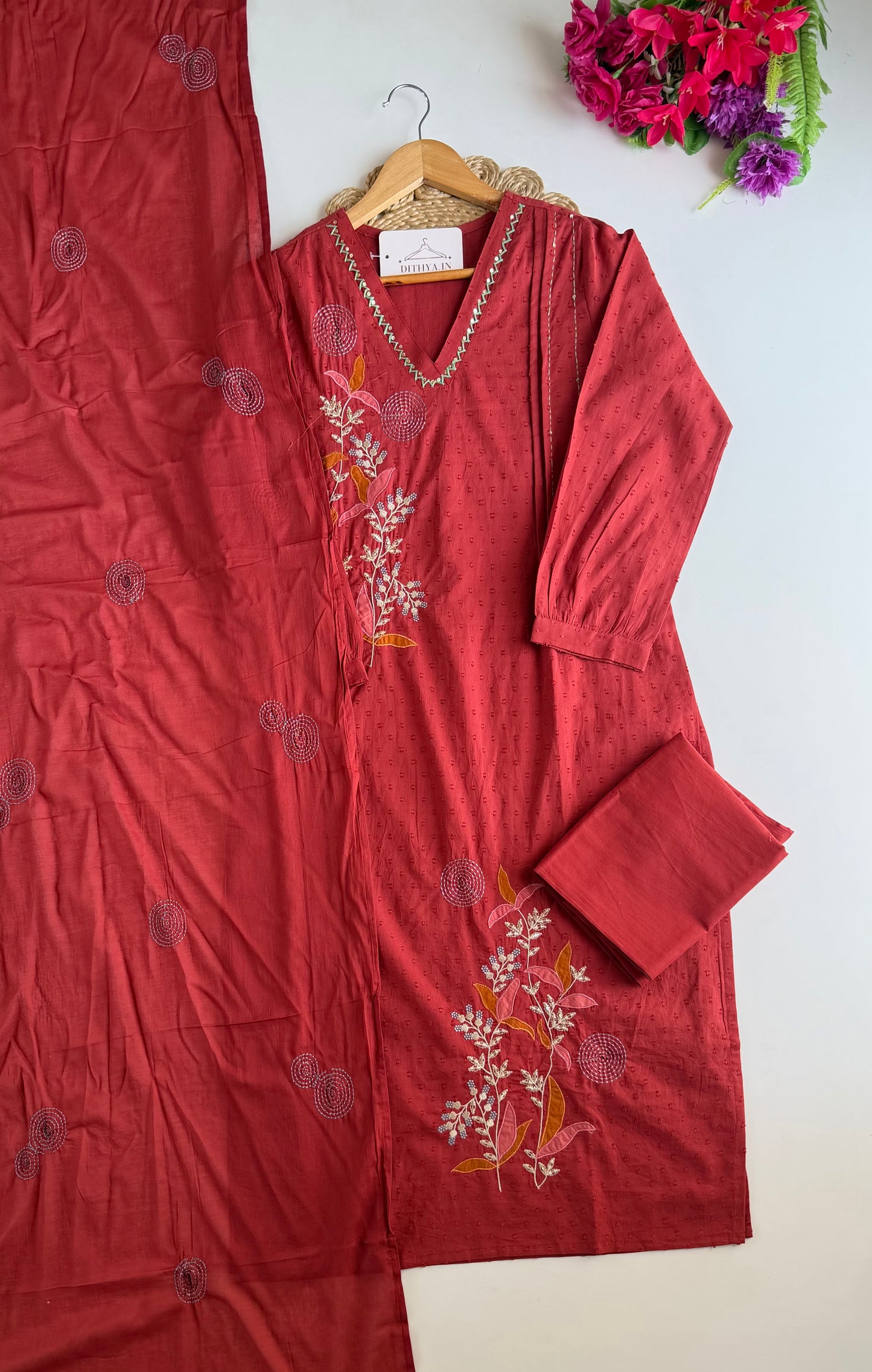 K721 - Mul cotton embroidered Aline Kurti with pants and dupatta