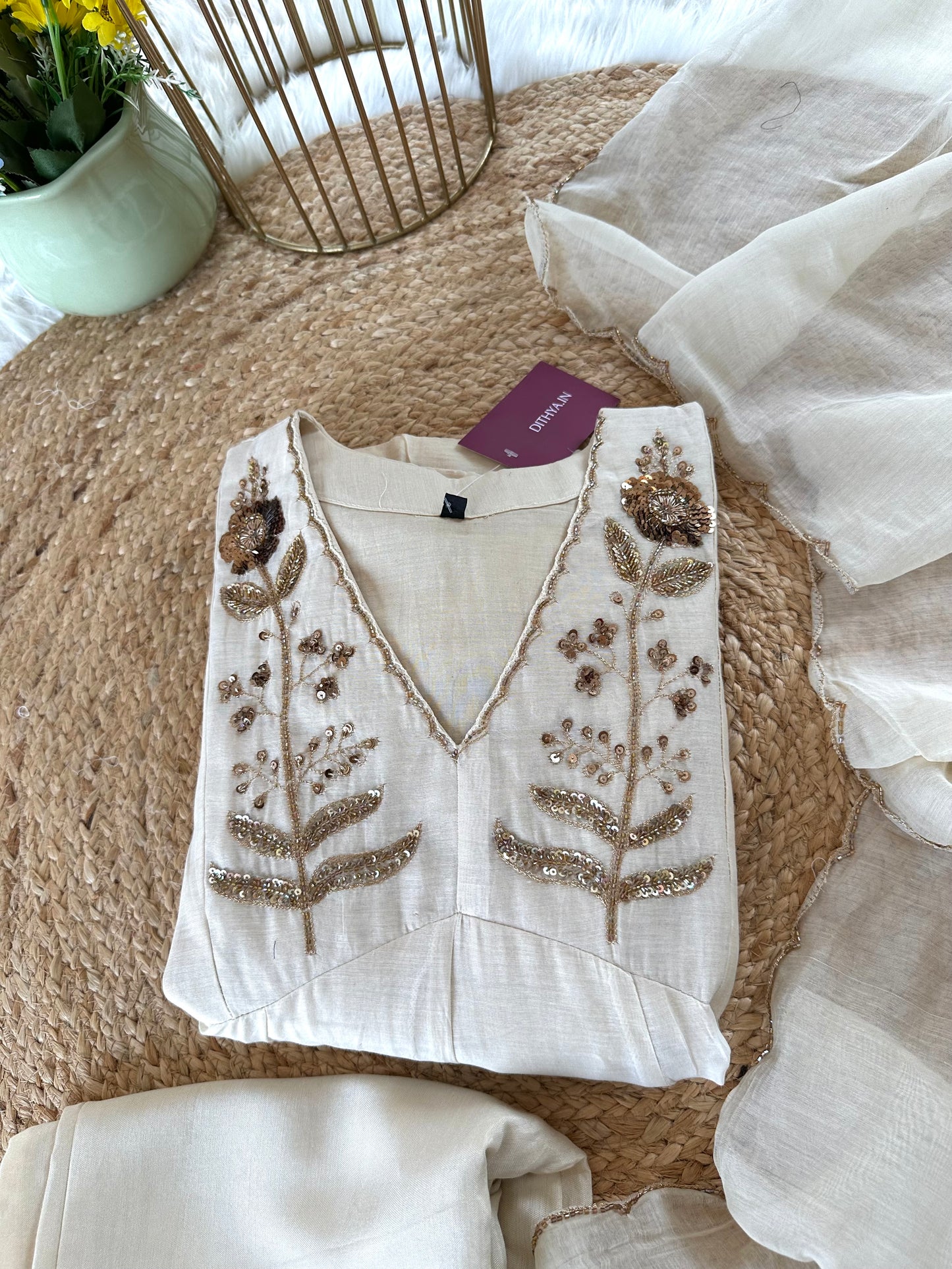 K181 - Zardosi Work Mul Chanderi Aline Kurti with pants and dupatta .