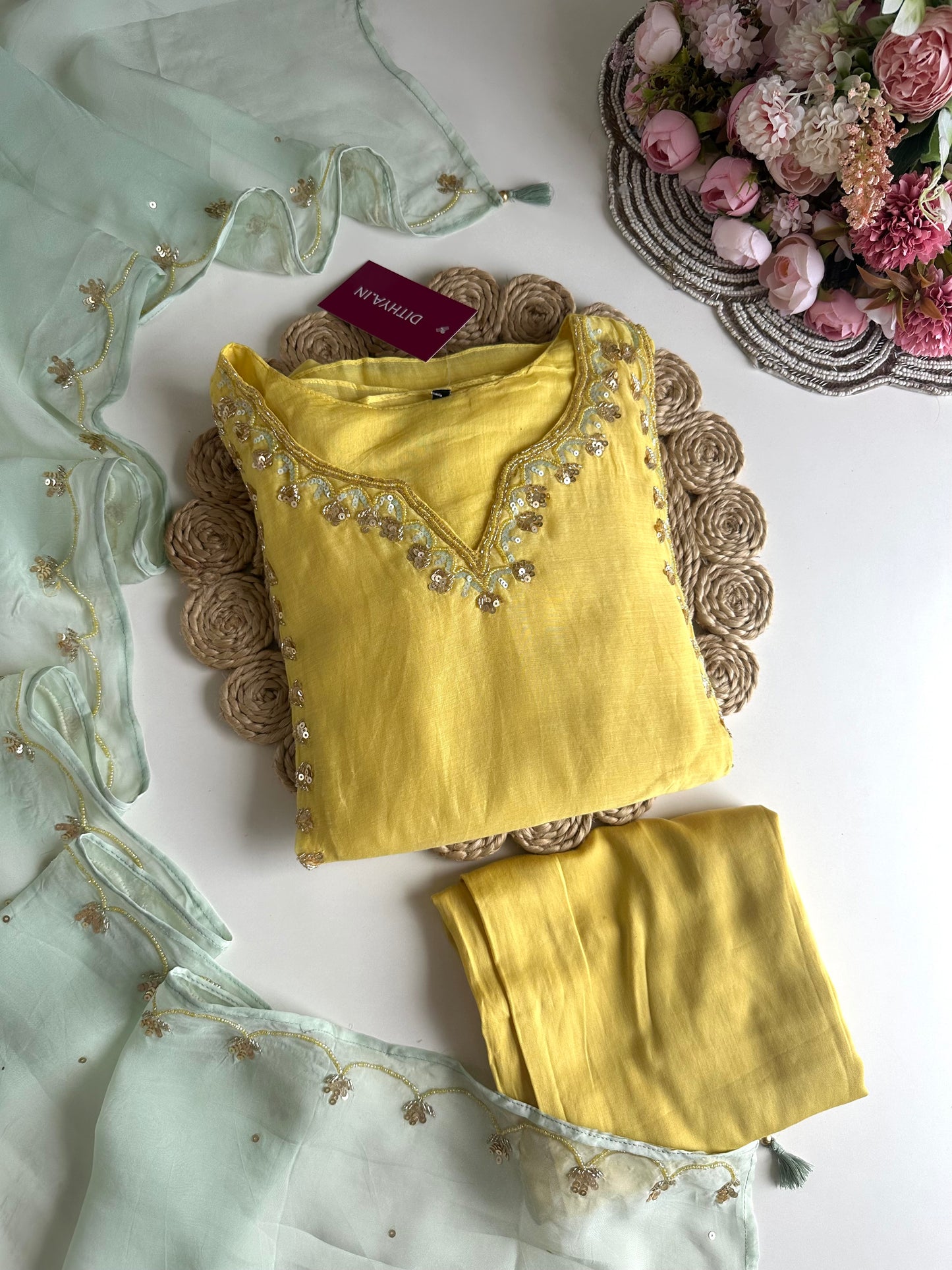 K360 - Mul Chanderi handwork Aline Kurti with pants and dupatta