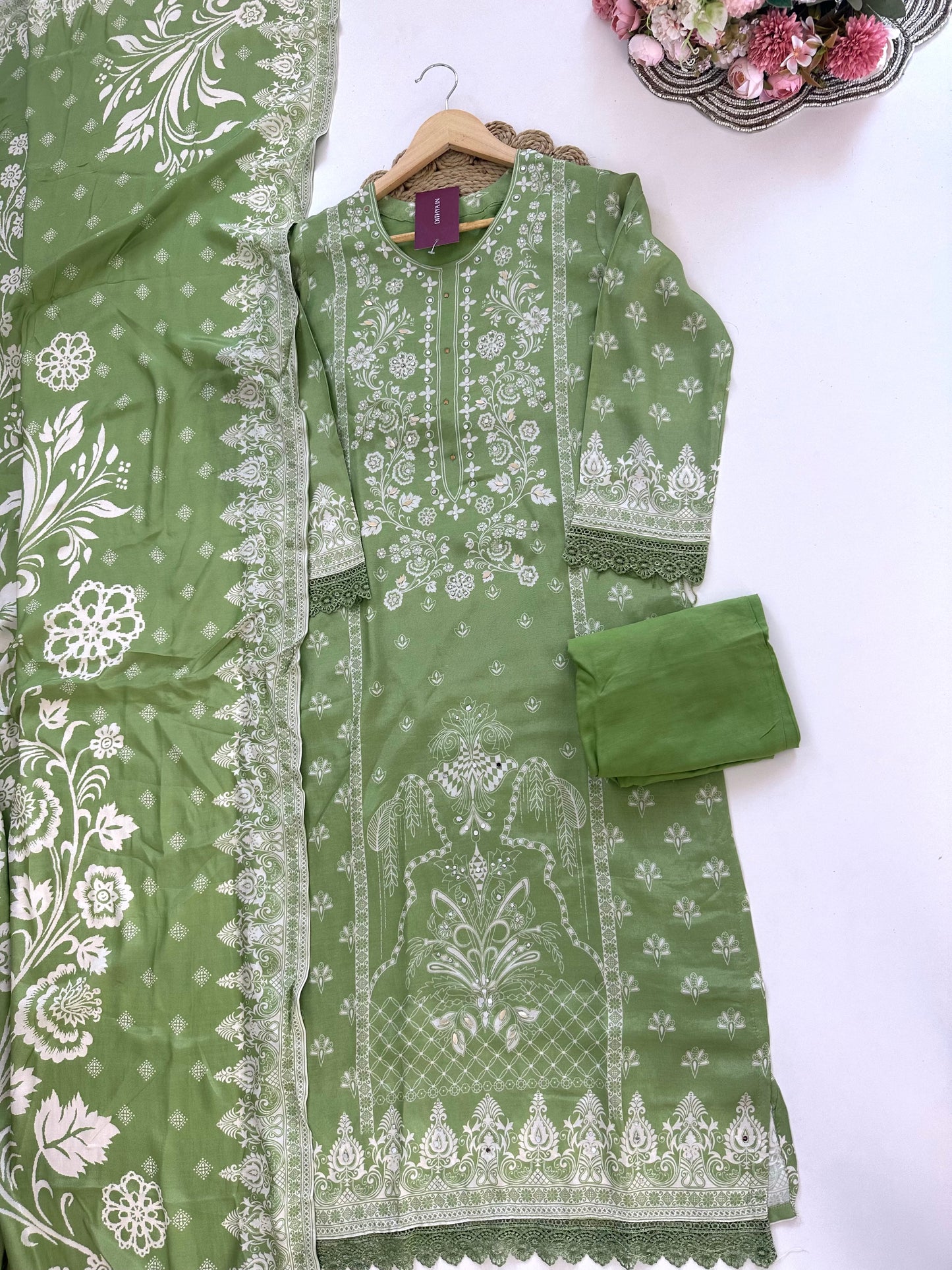 K119 - Crepe Printed mirror work straight Kurti with pants and dupatta