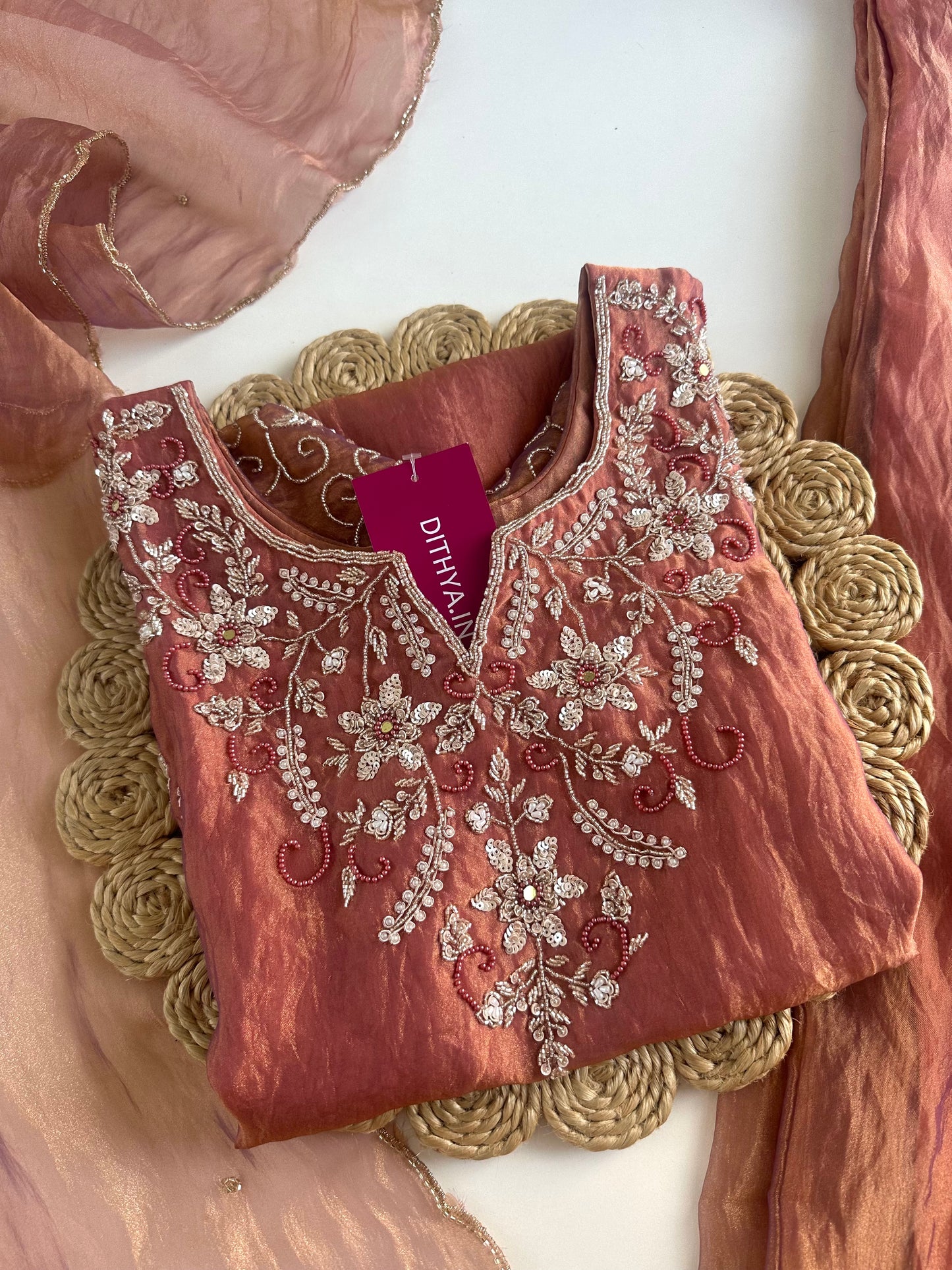 K180 - Tissue silk handwork short Kurti with palazzo and dupatta