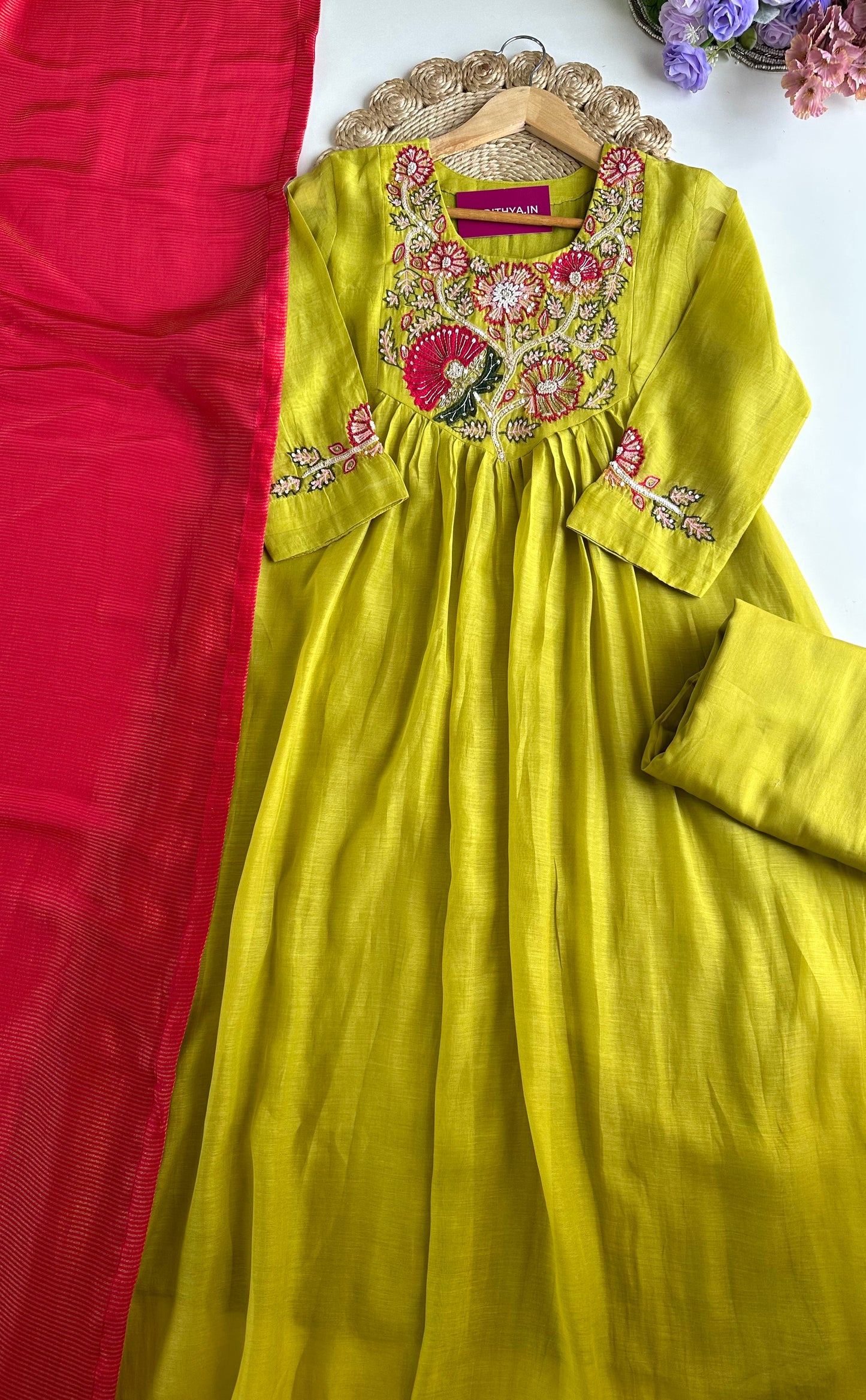 K148 - Mul Chanderi handwork Aline Kurti with pants and dupatta