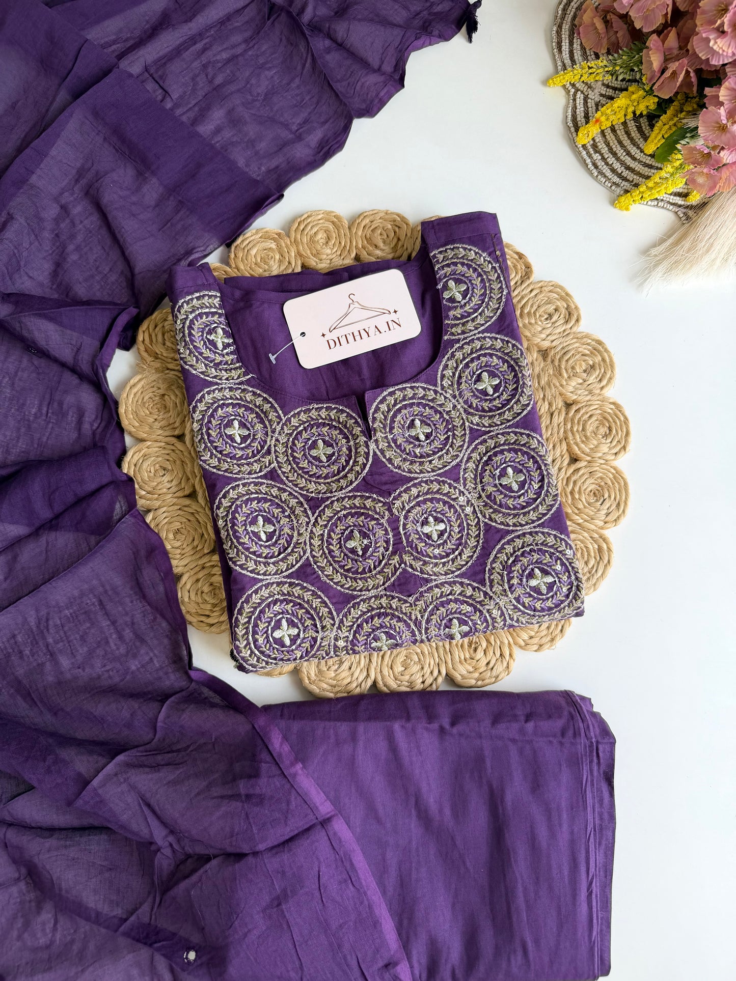 K528 - Mul cotton embroidered aline Kurti with pants and dupatta