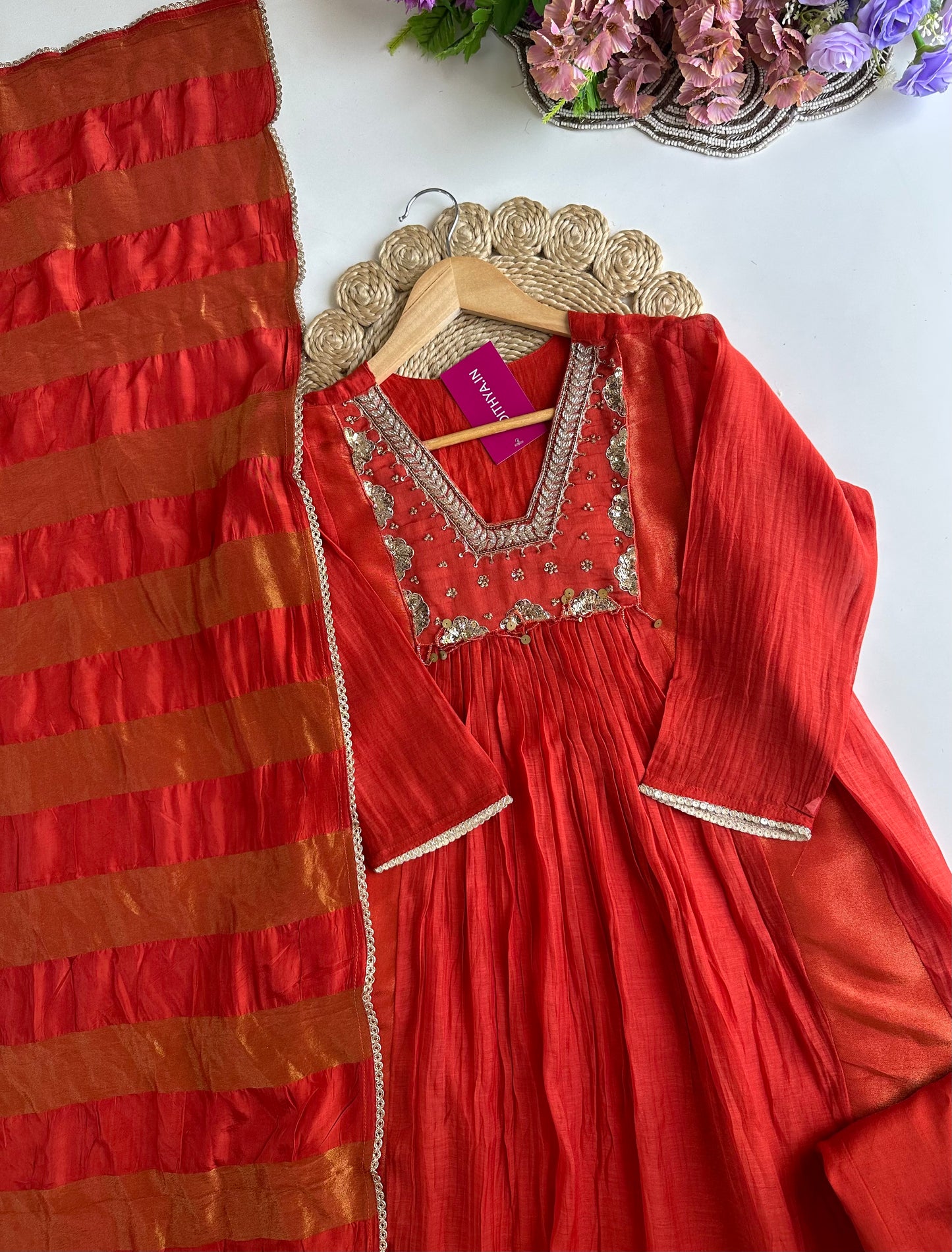 K405 - Mul Chanderi handwork Aline Kurti with pants and dupatta in 2 colours
