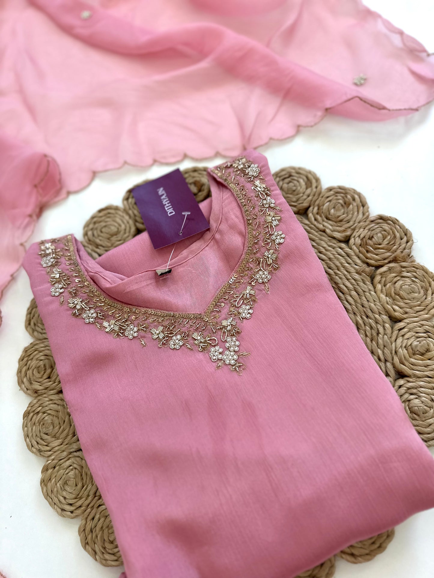 K075 - Chinnon Handwork straight short kurti with sharara and dupatta.