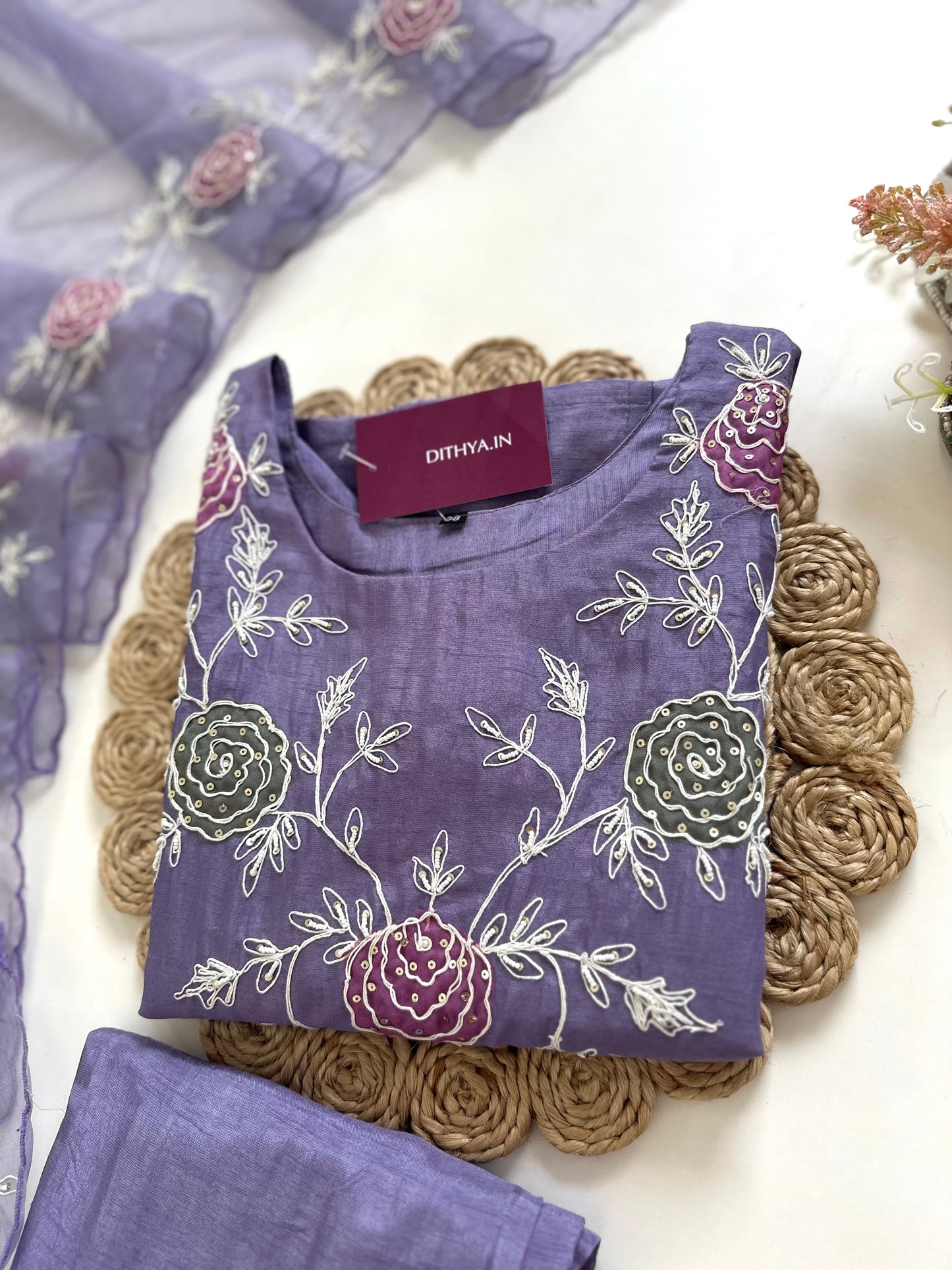 K077 - Handwork Russian silk Straight kurti with pants and dupatta .
