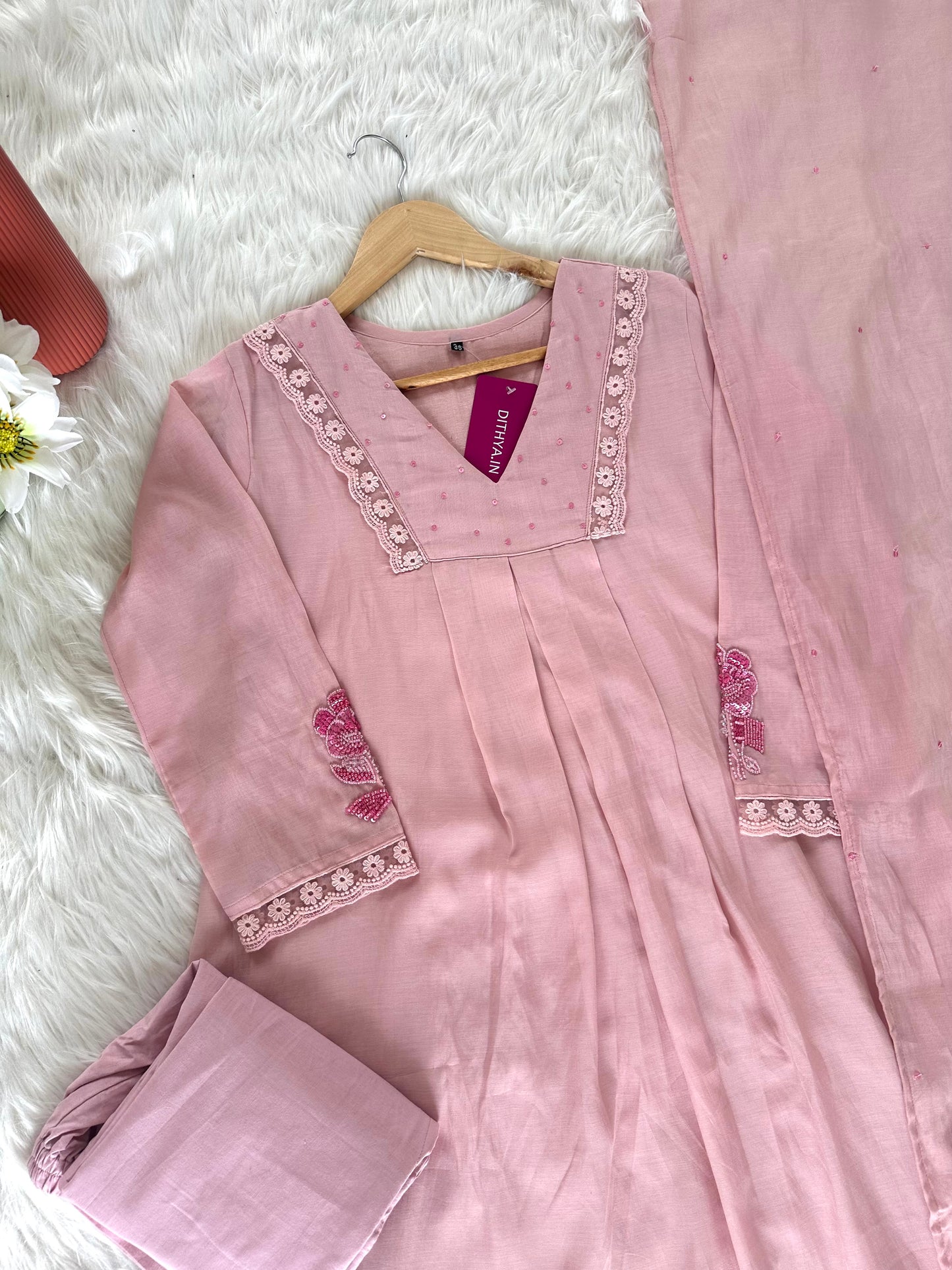 K065 - Mul Chanderi handwork Aline Kurti with pants and dupatta in 3 colours