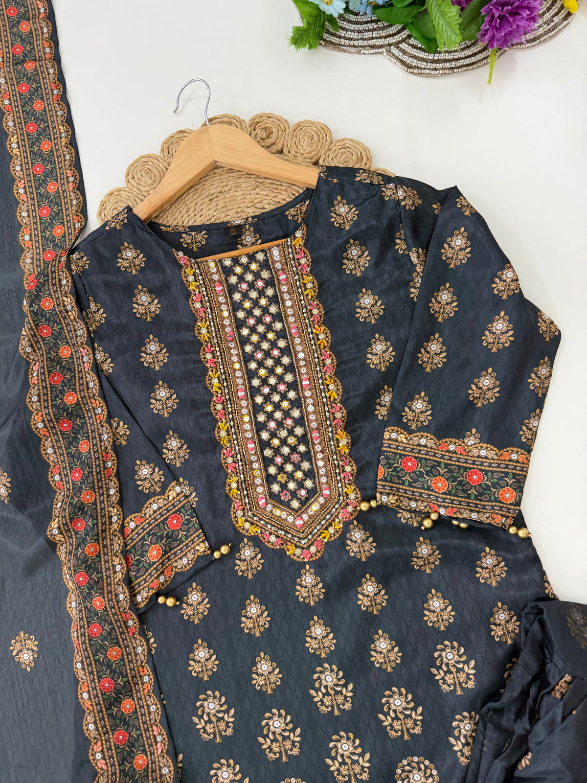 K567 - Rayon printed Kurti with sharara and dupatta