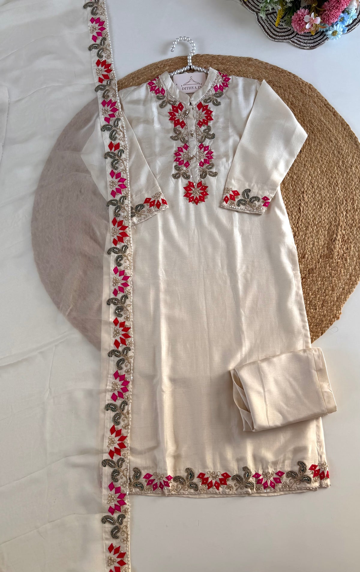 K187 - Russian silk handwork straight Kurti with pants and dupatta