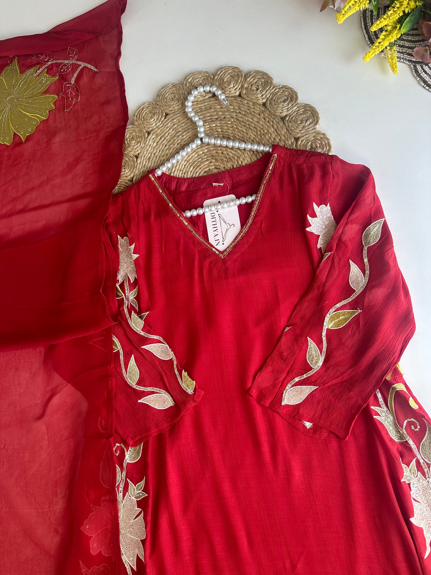 K468 - Crushed Mul Chanderi Appliqué work Anarkali with pants and dupatta in 2 colours