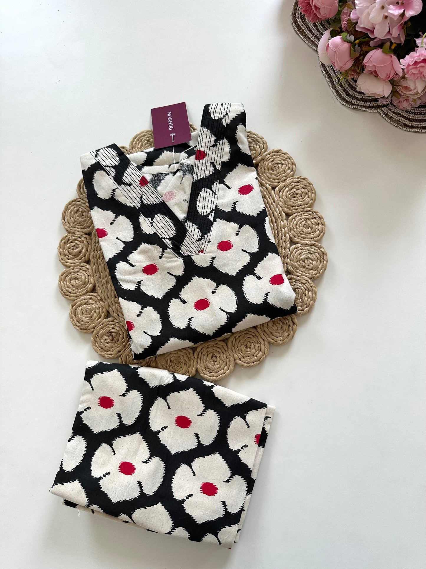 K350 - Cotton printed Aline Kurti with pants in 2 colours