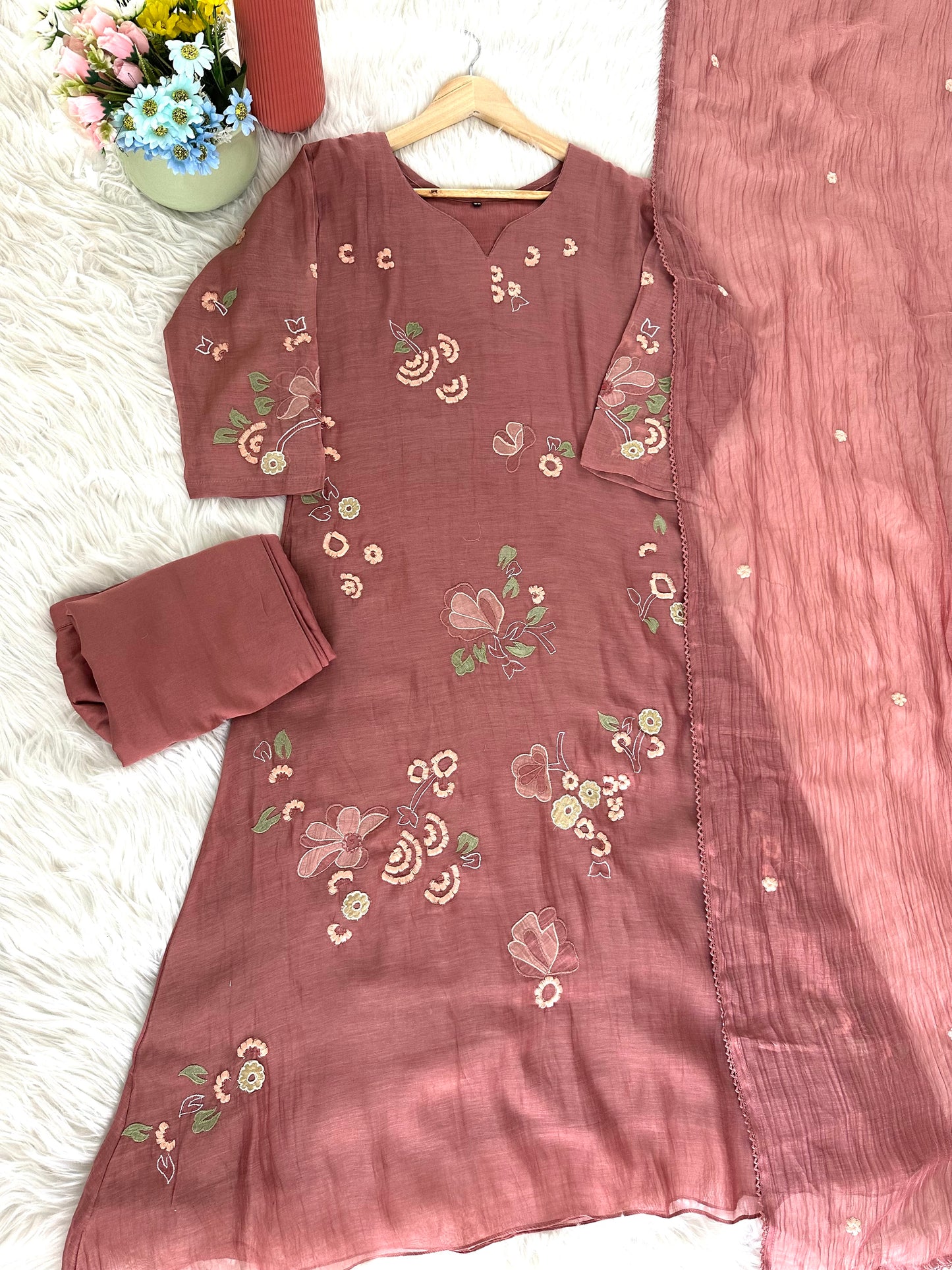 K208 - Mul Chanderi appliqué work Aline Kurti with pants and dupatta