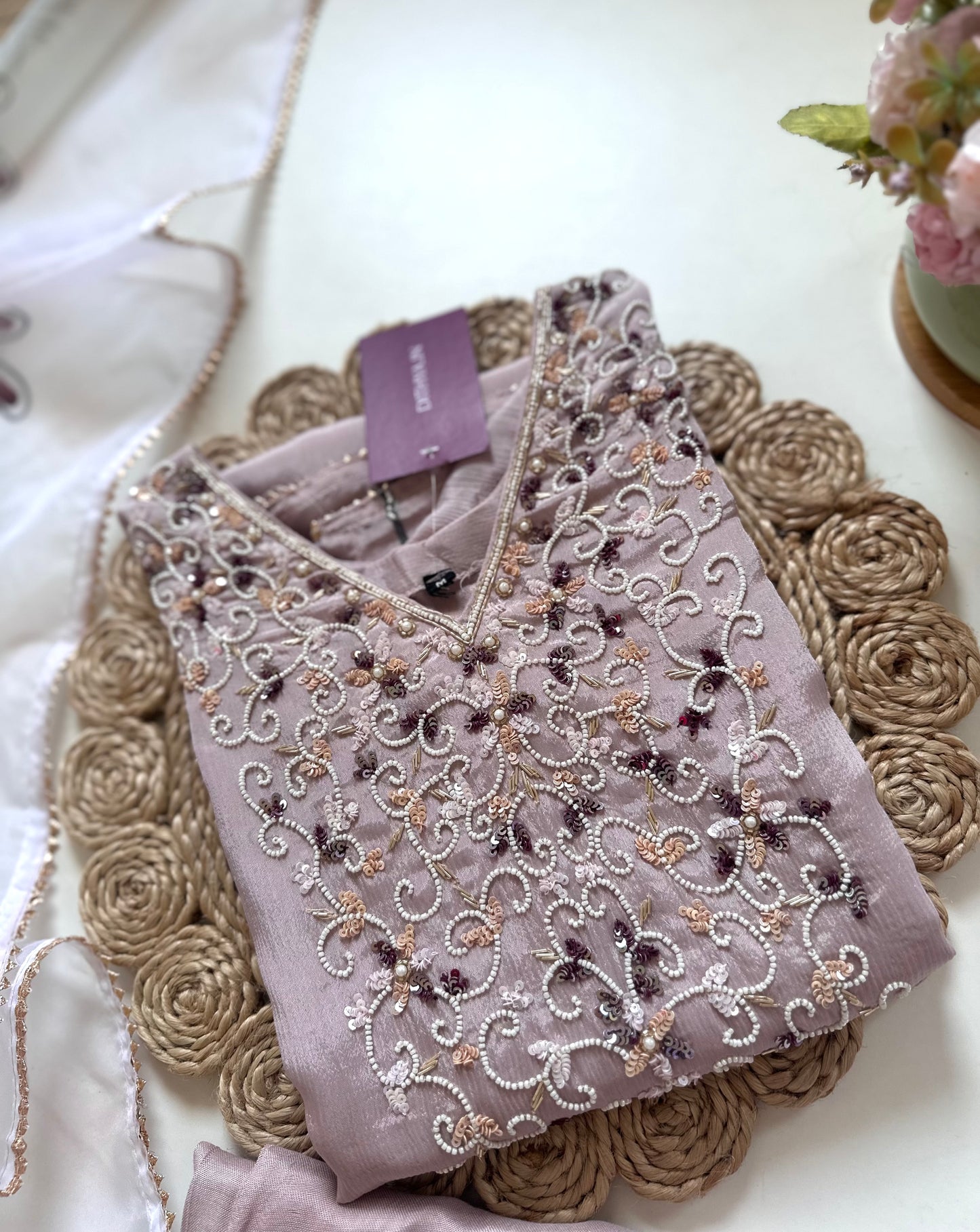 K429 - Pure crape handwork straight Kurti with pants and dupatta