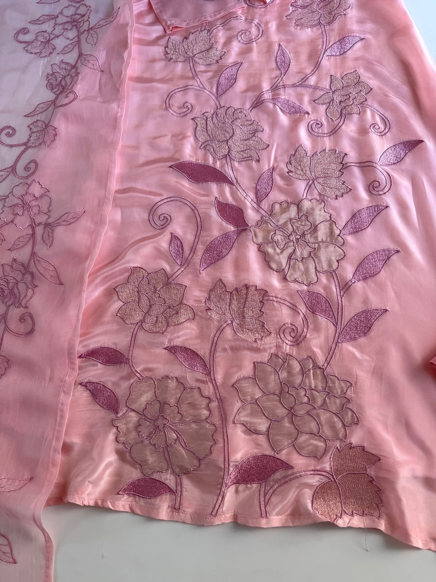 K393 - Viscose organza appliqué work Aline Kurti with pants and dupatta