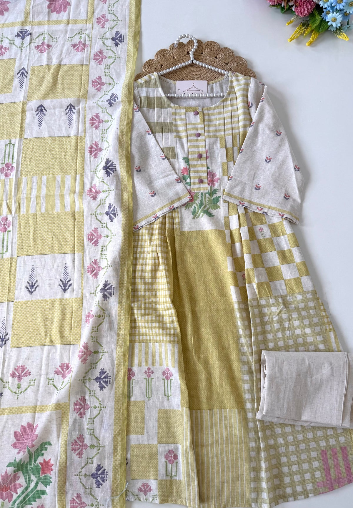 K664 - Mul cotton embroidered Aline Kurti with pants and dupatta