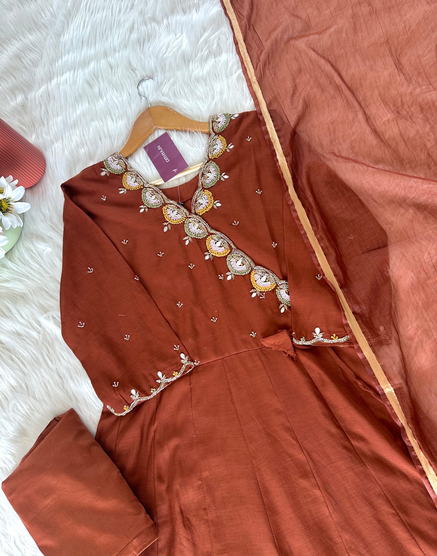 K049 - Mul Chanderi handwork Angrakha Anarkali with pants and dupatta