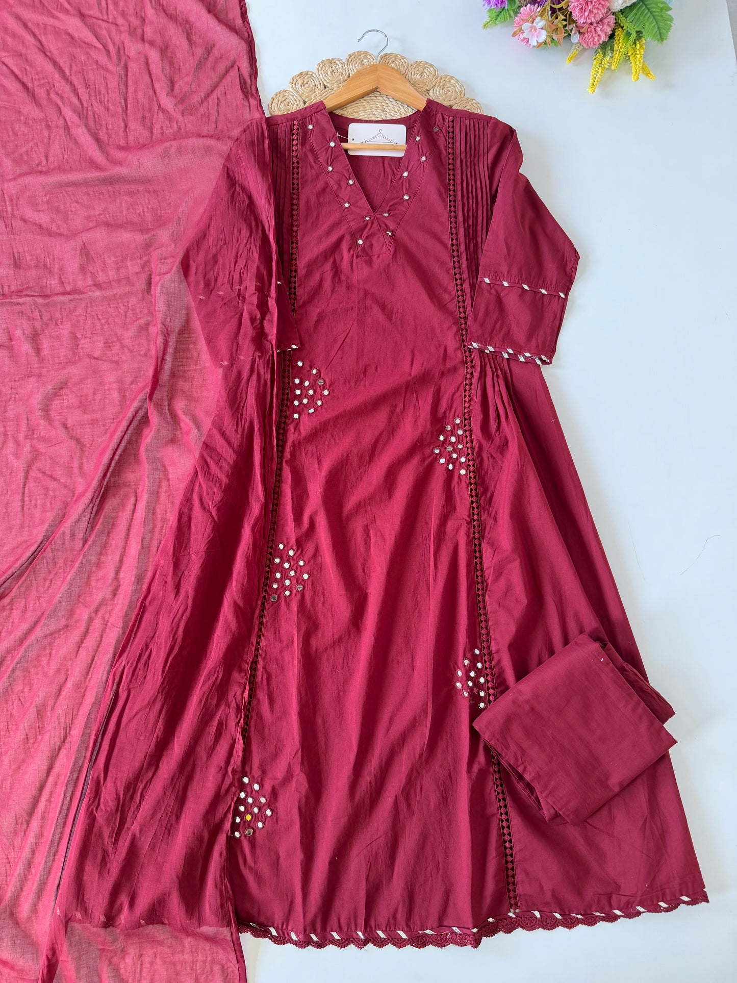 K628 - Mul cotton mirror work Anarkali with pants and dupatta