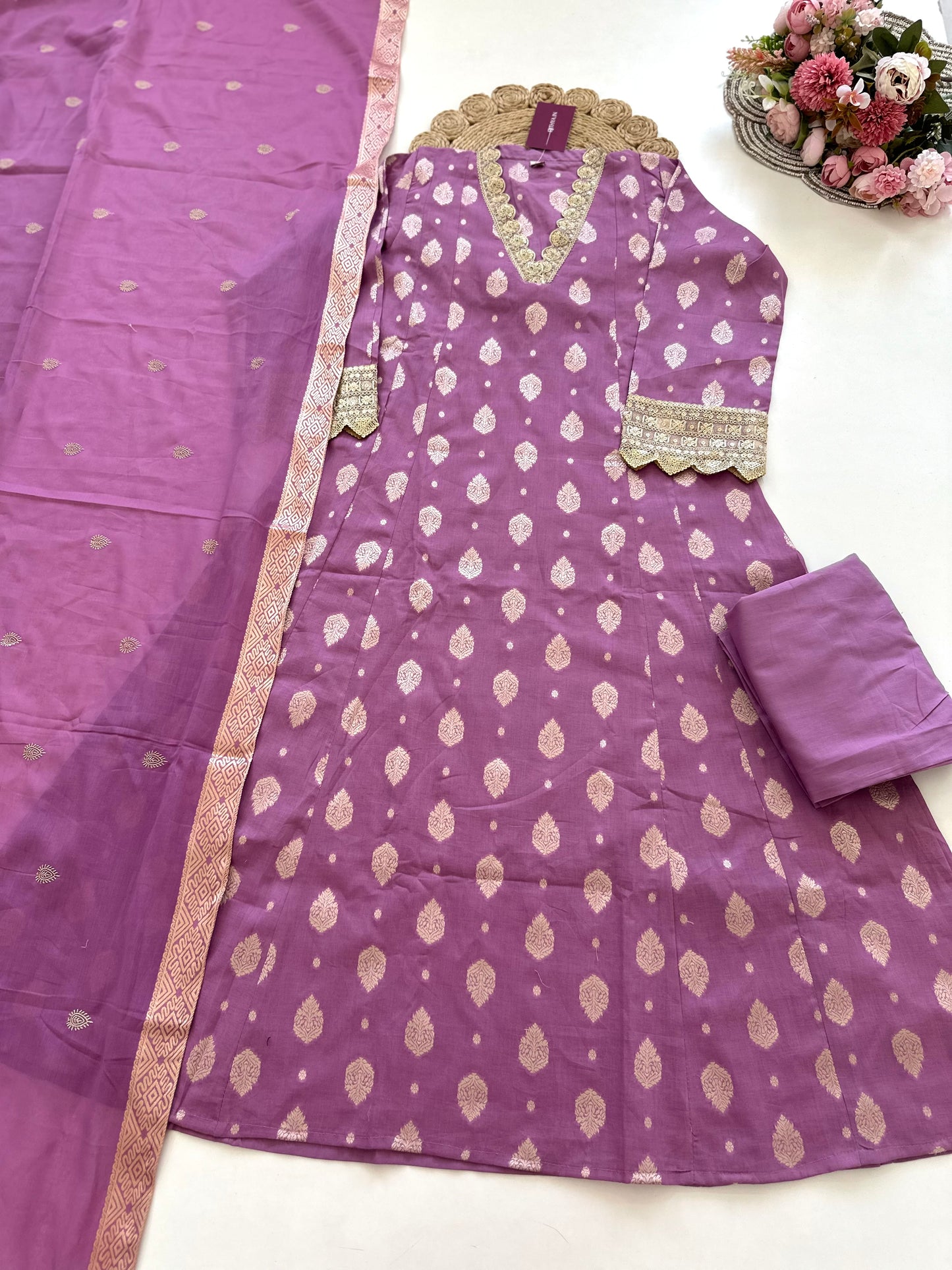 K094 - Cotton Jacquard Aline Kurti with pants and dupatta in 3 colours.