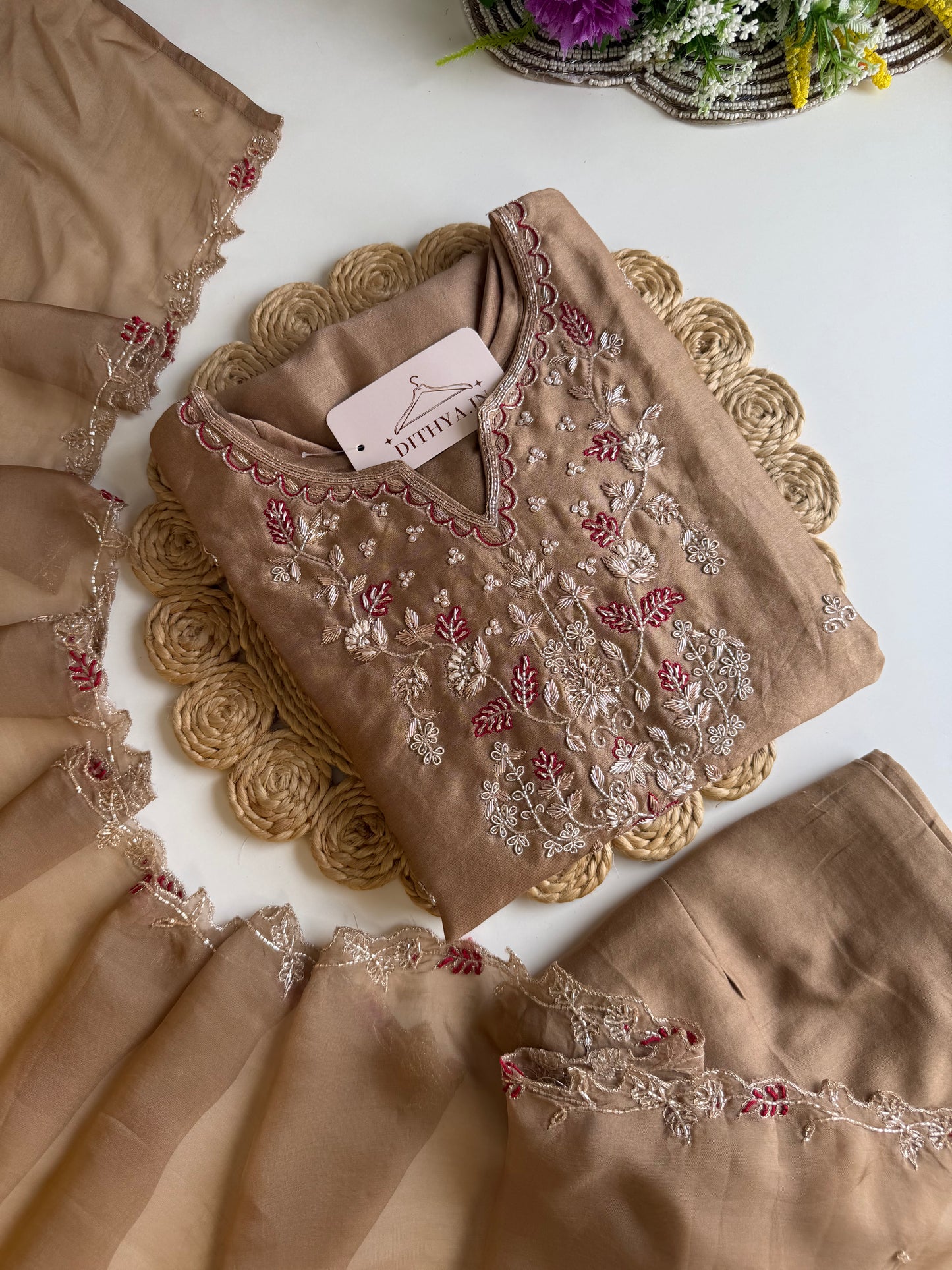 K536 - Titan silk handwork Aline Kurti with pants and dupatta