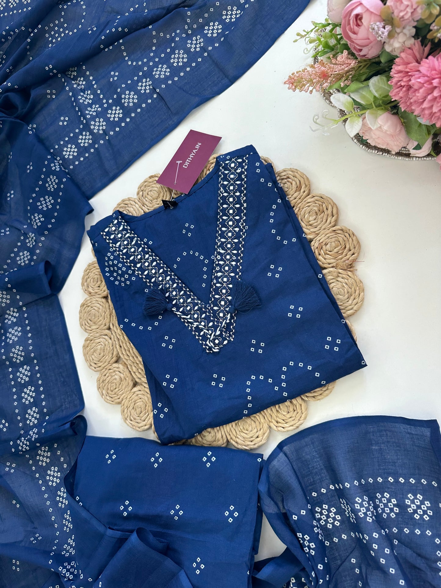 K053 - Cotton Aline Kurti with pants and dupatta in colours