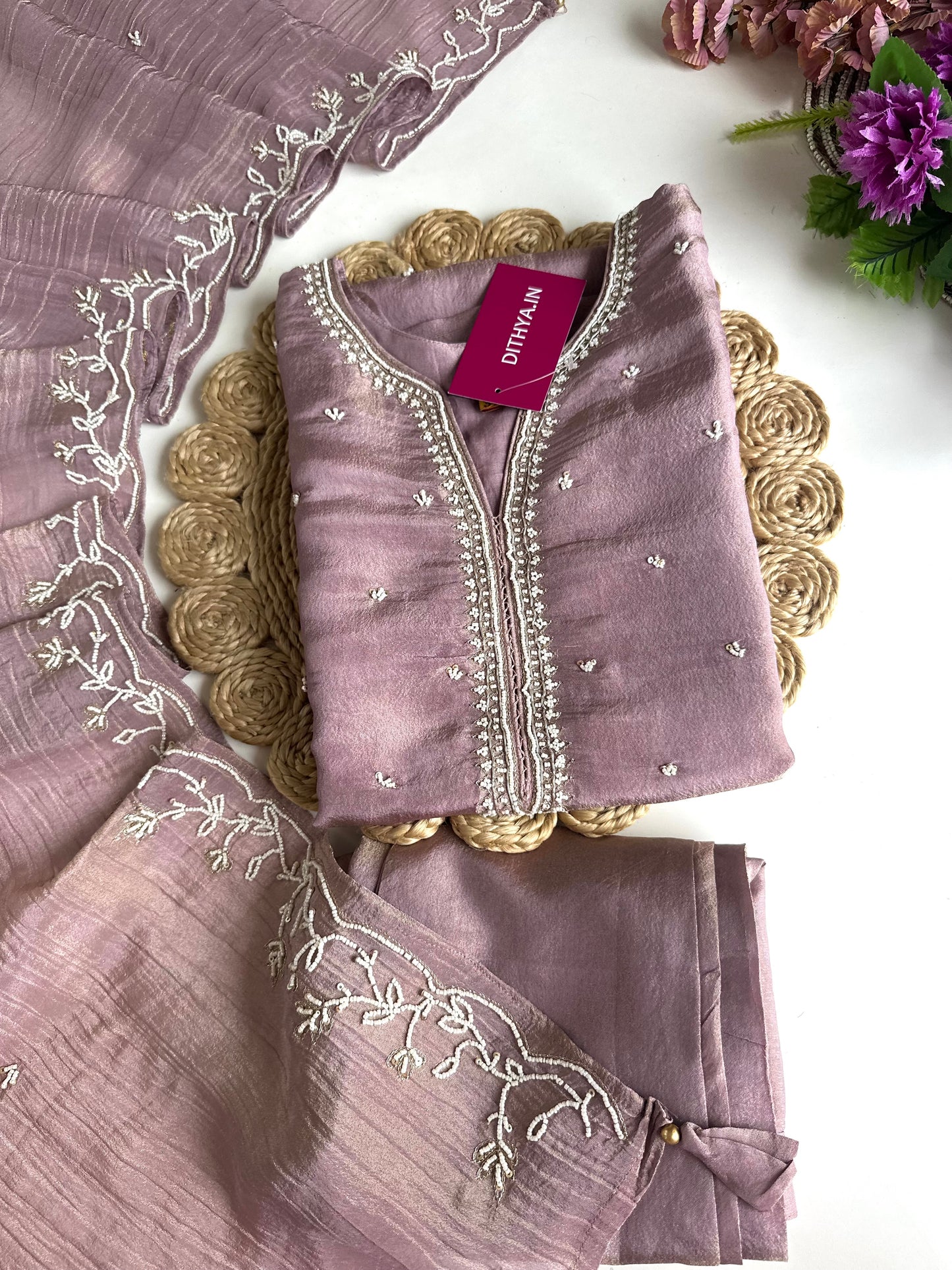 K020 - Tissue silk pearl work straight Kurti with pants and dupatta