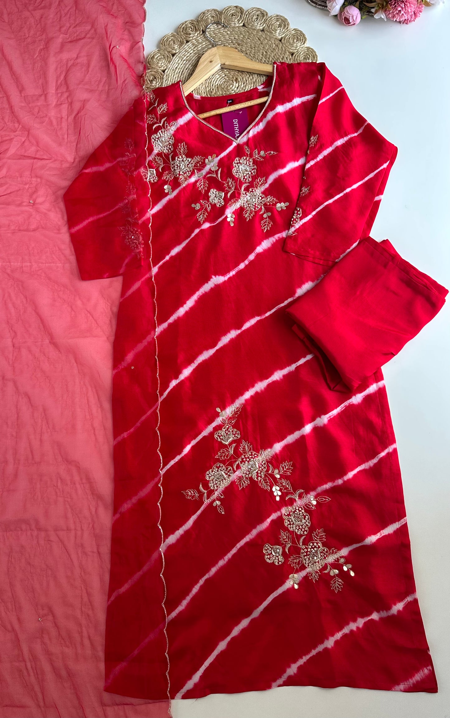 K016 - Russian silk leheriya handwork Straight Kurti with pants and dupatta in 2 styles