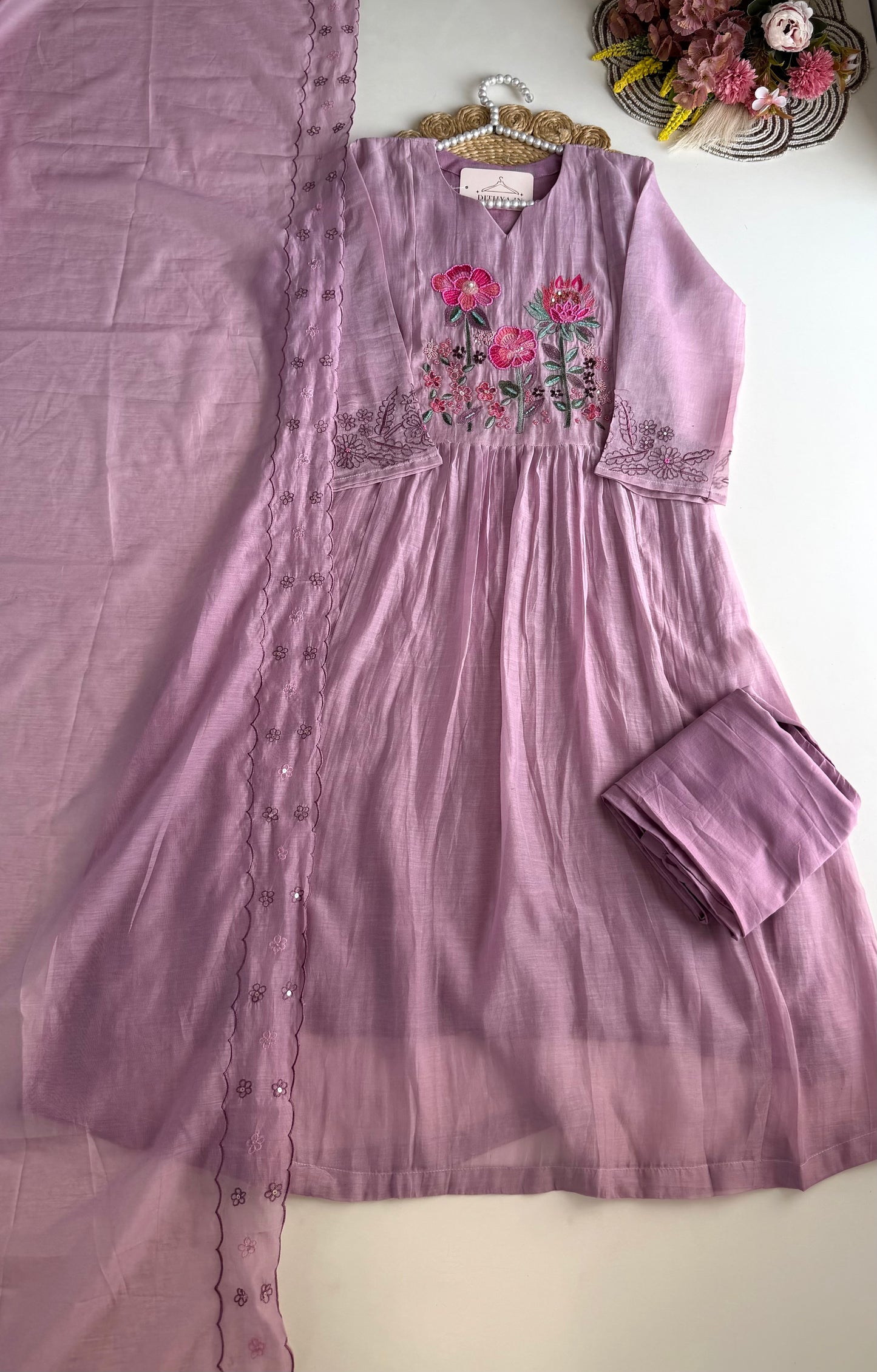 K478 - Mul chanderi handwork Anarkali with pants and dupatta