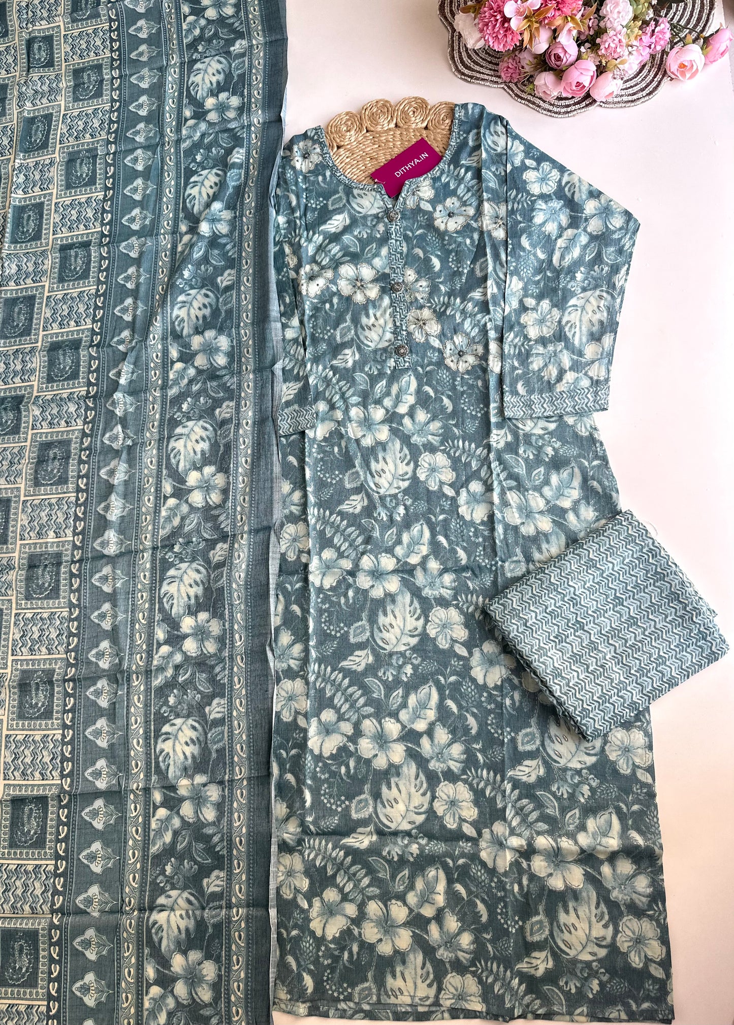 K054 - Cotton muslin floral straight Kurti with pants and dupatta