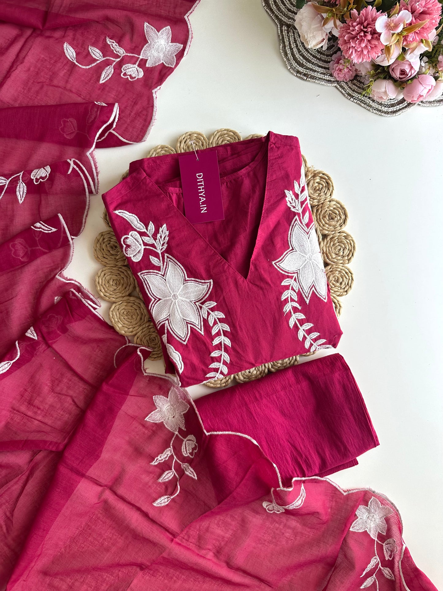K197 - Mul cotton appliqué embroidery Anarkali with pants and dupatta